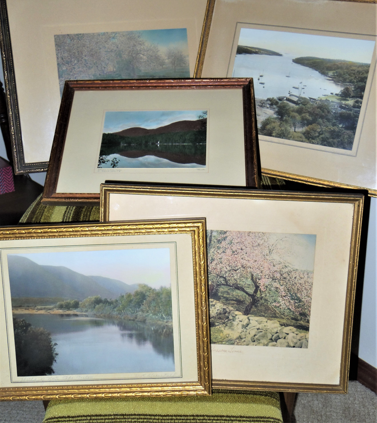 The photograph displays an assortment of framed artwork, vintage or antique, of hand-tinted, hand-coloured, or hand colored photographs, mostly landscapes, both USA and Canadian, but all original!
