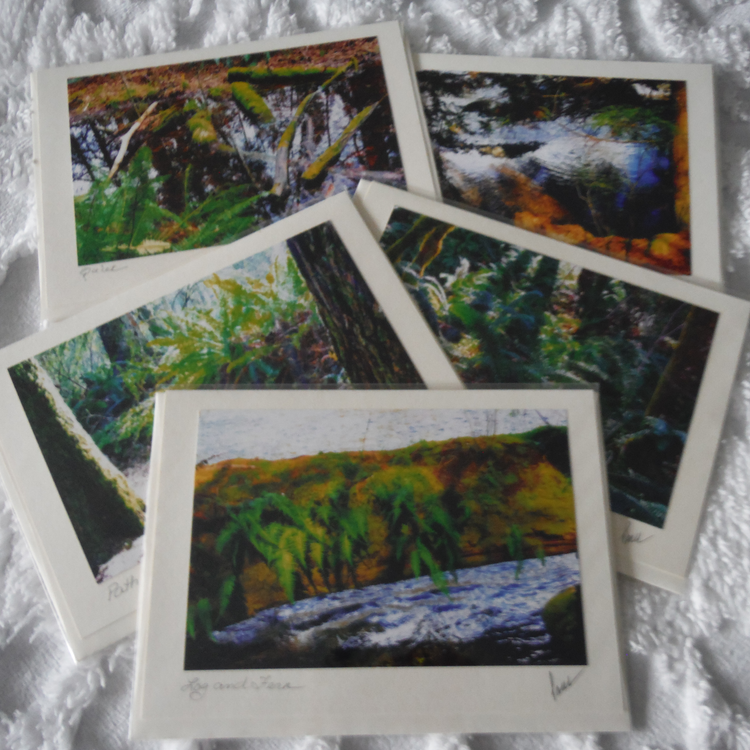 The photo displays an assortment of 5 different greeting cards, each with a different unique one of a kind photograph on the cover, hand titles and signed by the artist, and a blank inside and matching card accompany each!