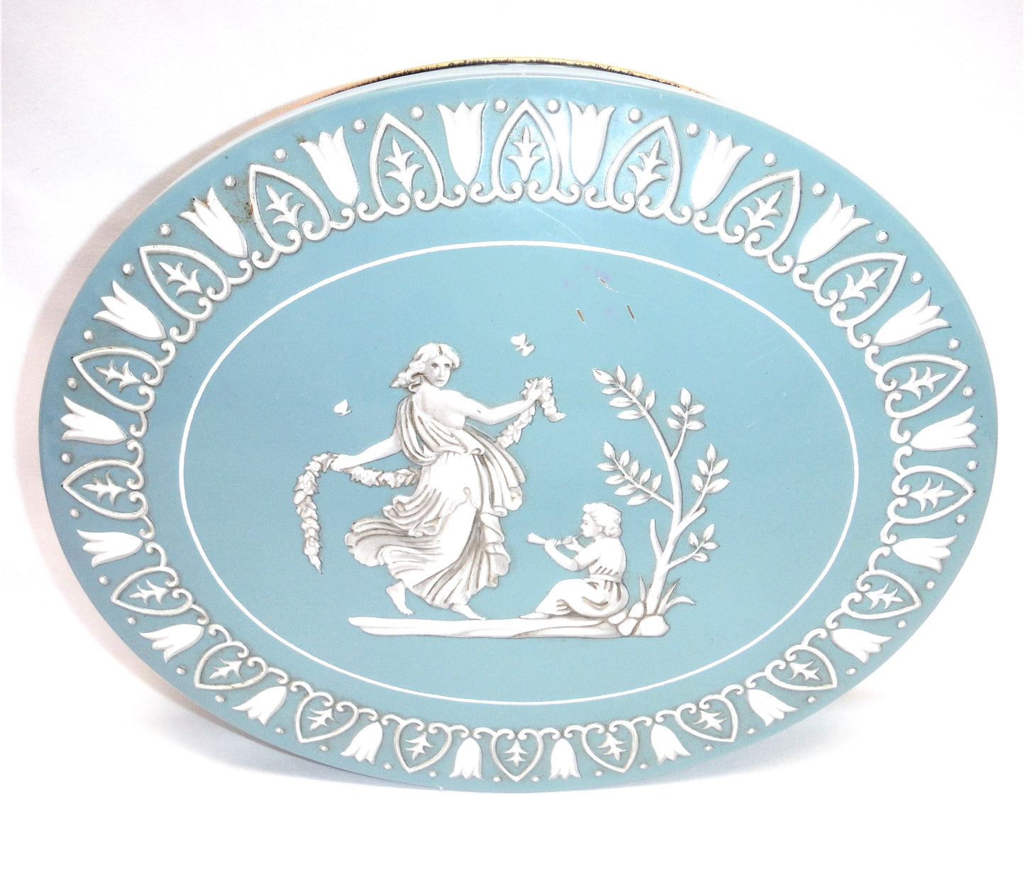 GRAY DUNN Vintage Oval Tin in Greek-Style Robin's Egg Blue: 'THE DANCING NYMPH'