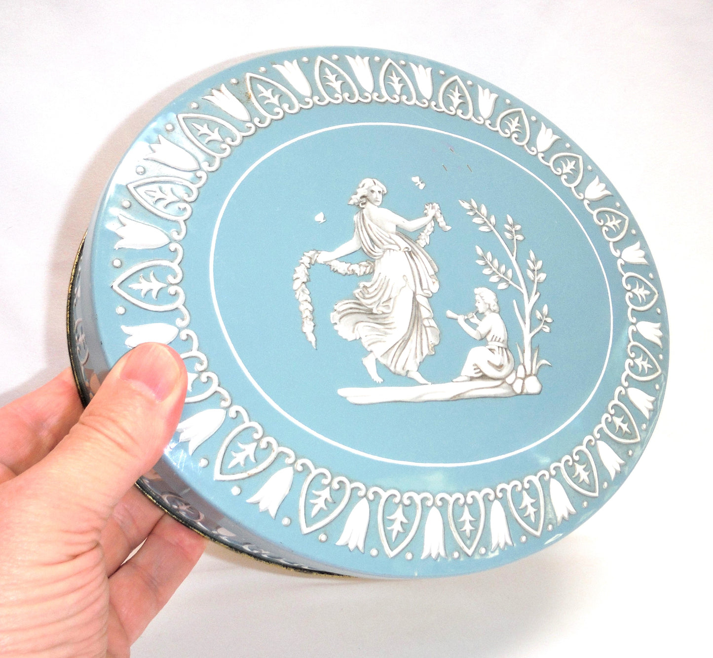 GRAY DUNN Vintage Oval Tin in Greek-Style Robin's Egg Blue: 'THE DANCING NYMPH'