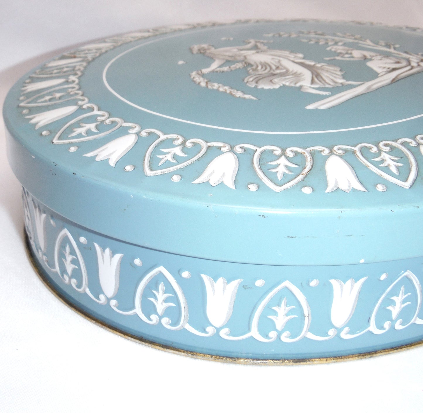 GRAY DUNN Vintage Oval Tin in Greek-Style Robin's Egg Blue: 'THE DANCING NYMPH'