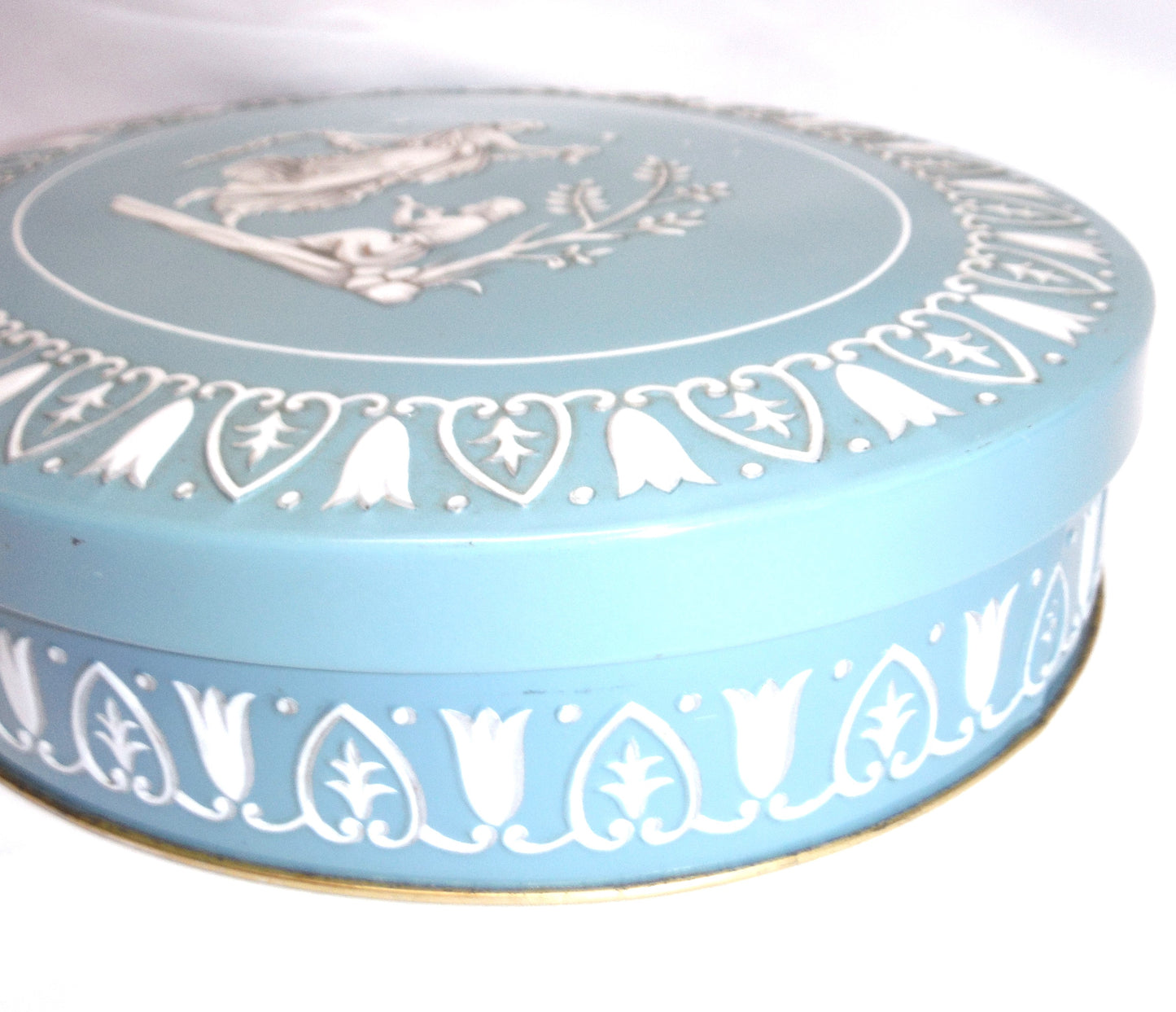 GRAY DUNN Vintage Oval Tin in Greek-Style Robin's Egg Blue: 'THE DANCING NYMPH'
