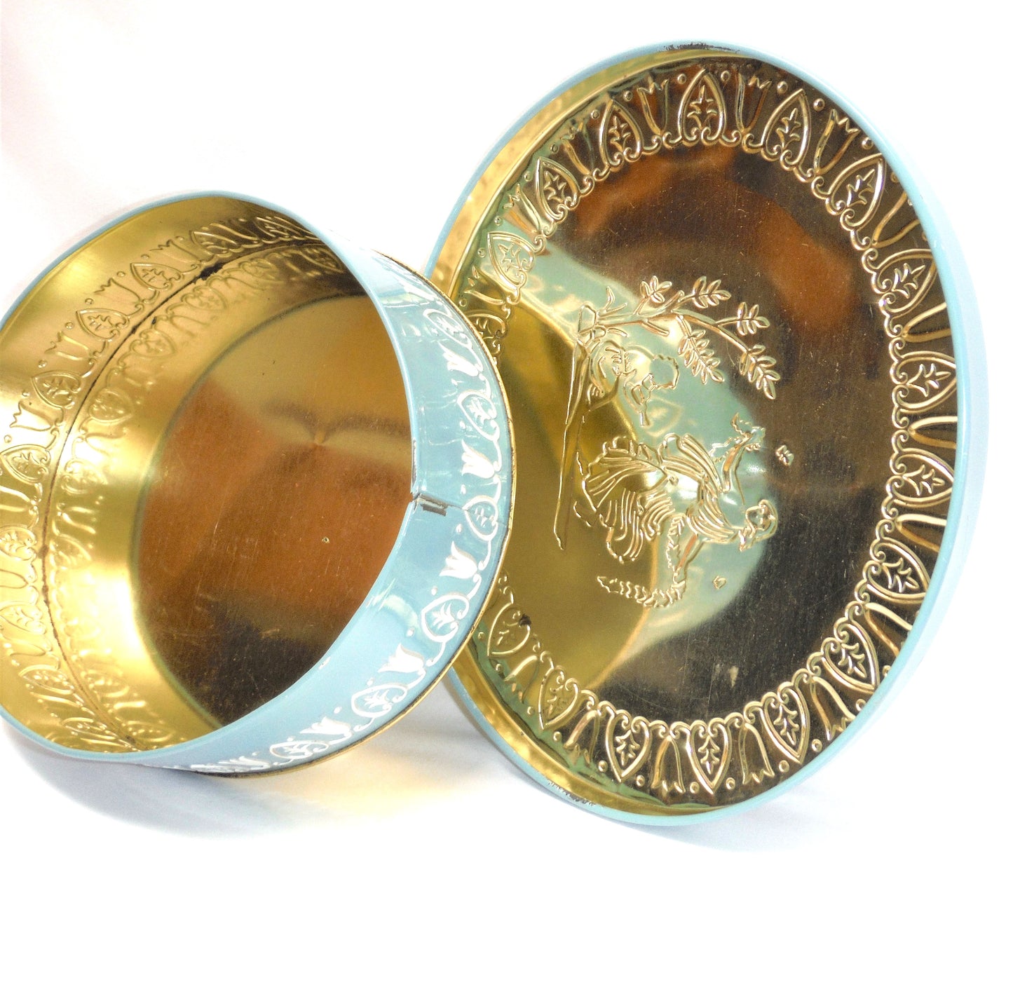 GRAY DUNN Vintage Oval Tin in Greek-Style Robin's Egg Blue: 'THE DANCING NYMPH'