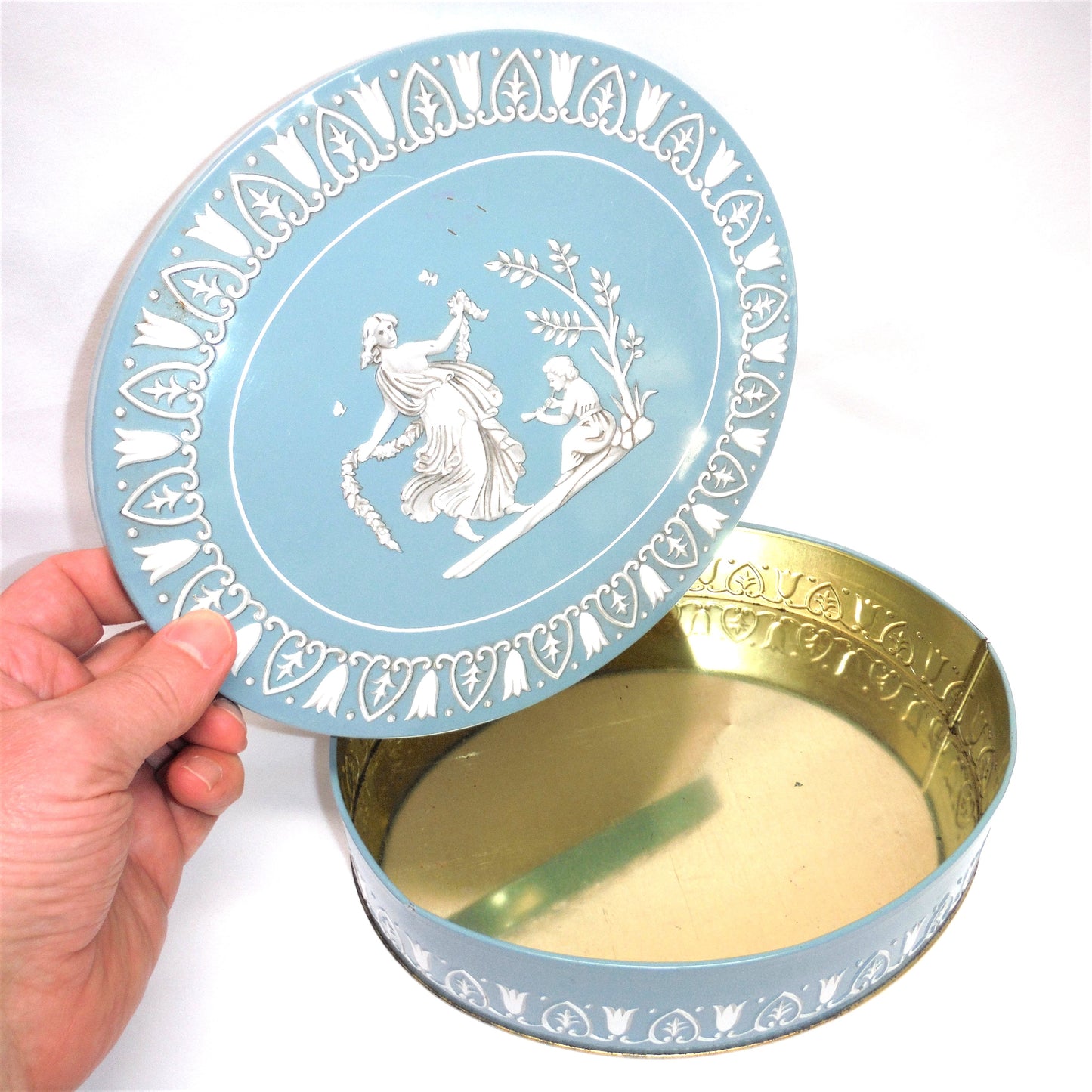 GRAY DUNN Vintage Oval Tin in Greek-Style Robin's Egg Blue: 'THE DANCING NYMPH'