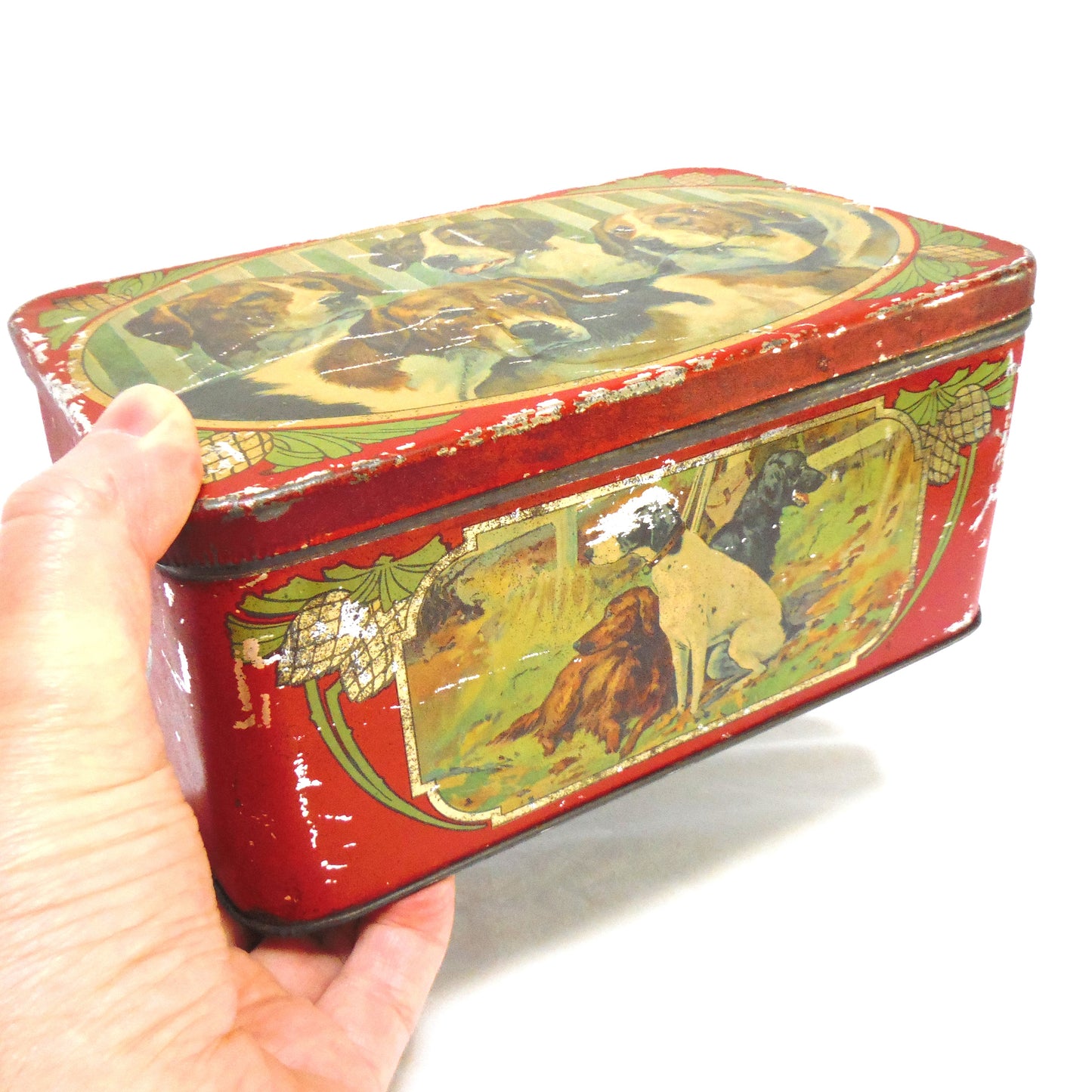 Antique Hinged-Lid Tin Can Container: 'NINE FINE HUNTING DOGS'