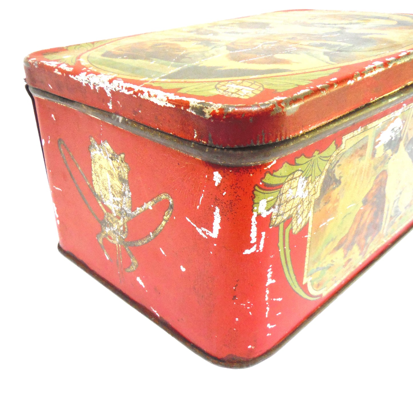 Antique Hinged-Lid Tin Can Container: 'NINE FINE HUNTING DOGS'
