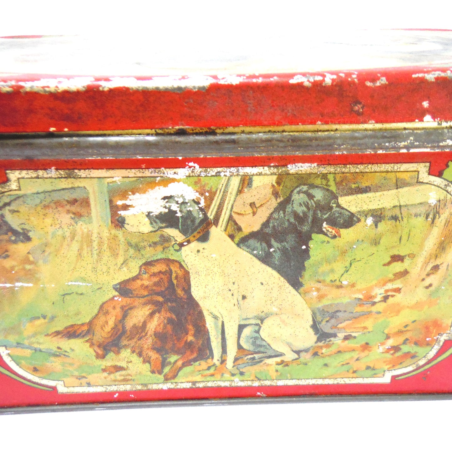 Antique Hinged-Lid Tin Can Container: 'NINE FINE HUNTING DOGS'