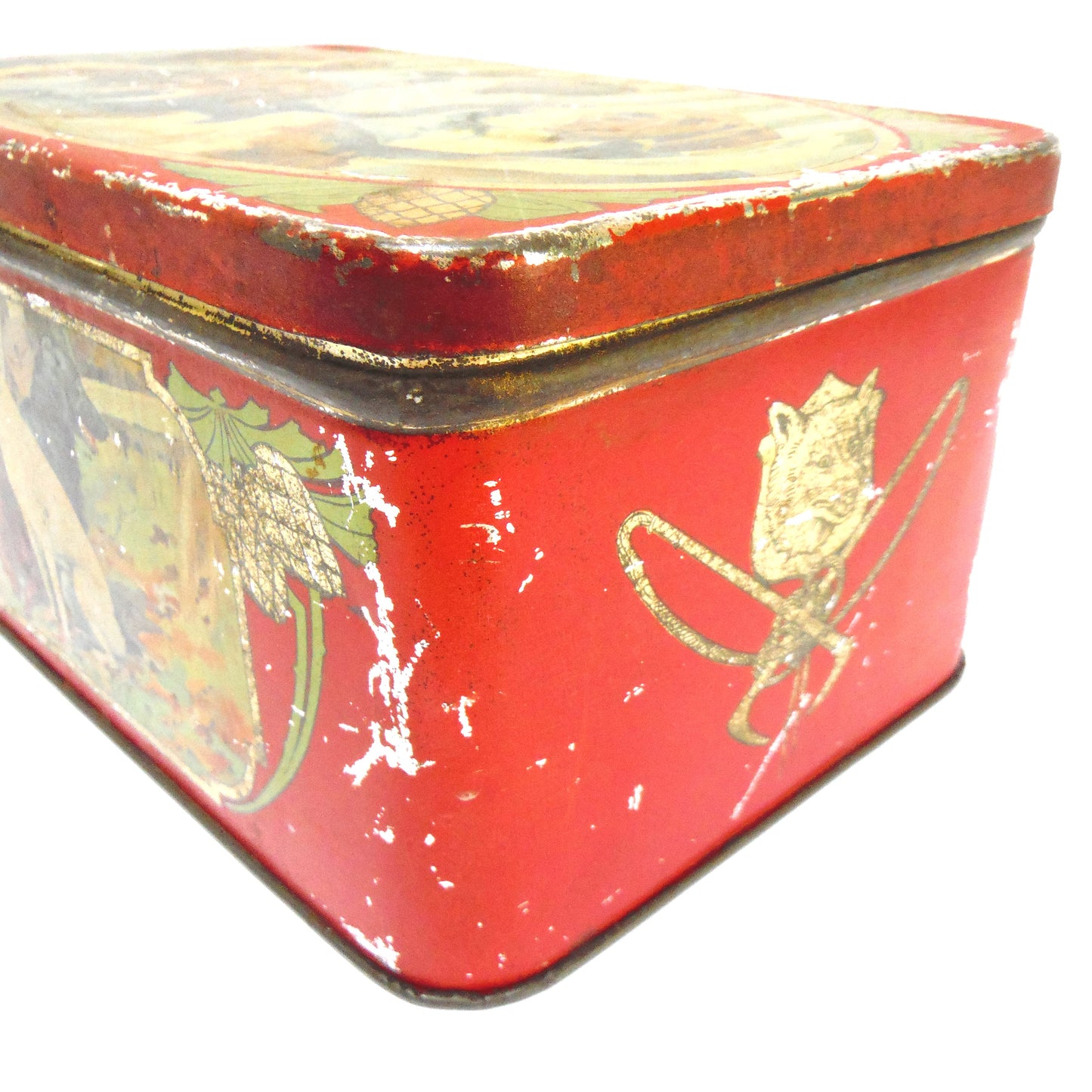 Antique Hinged-Lid Tin Can Container: 'NINE FINE HUNTING DOGS'