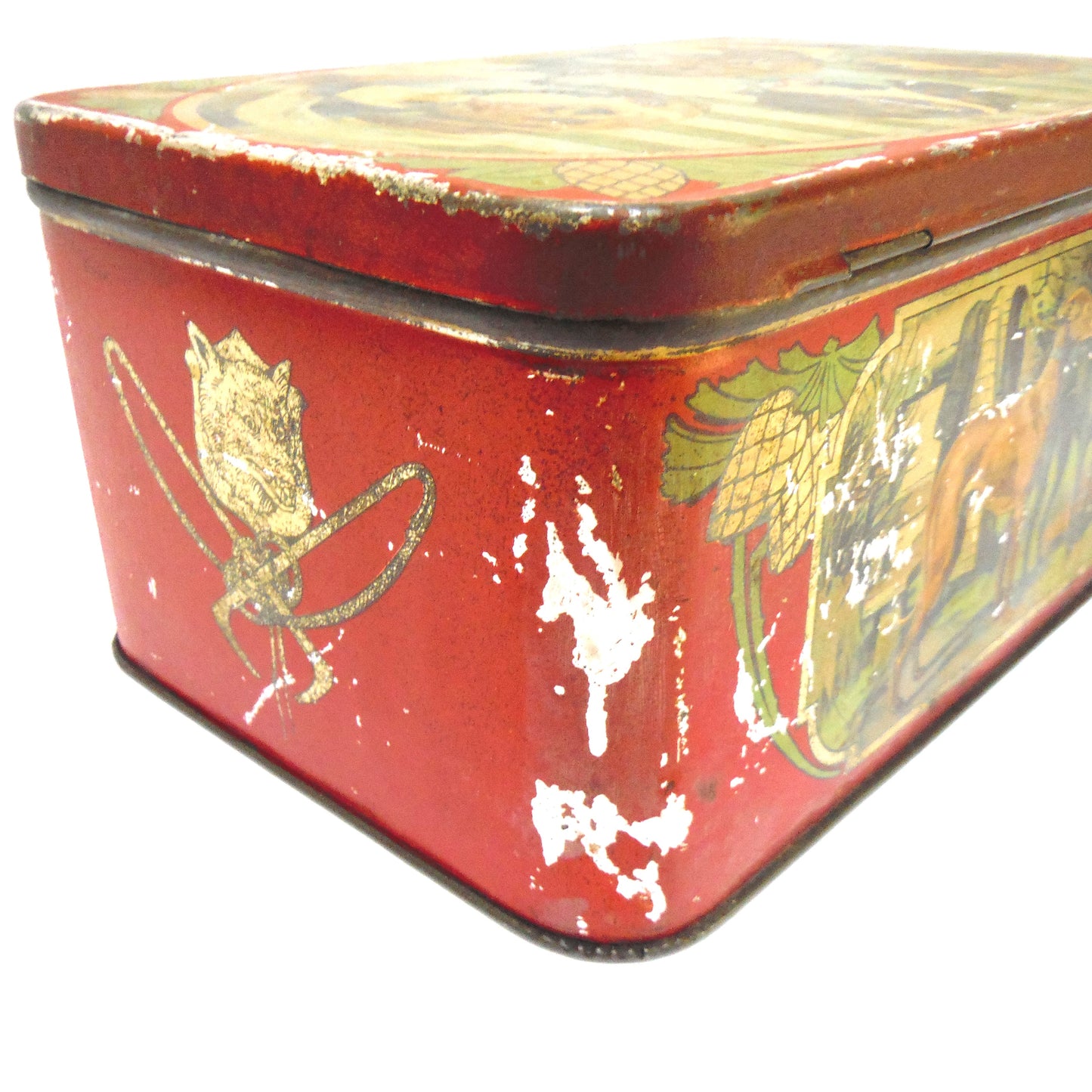 Antique Hinged-Lid Tin Can Container: 'NINE FINE HUNTING DOGS'