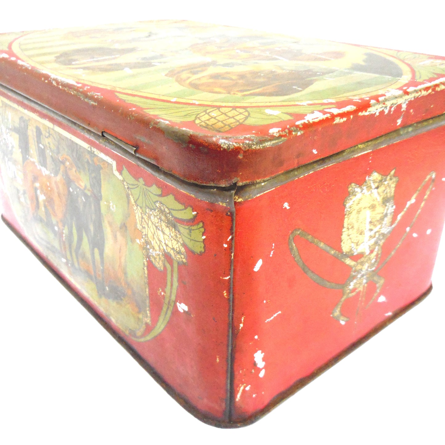 Antique Hinged-Lid Tin Can Container: 'NINE FINE HUNTING DOGS'
