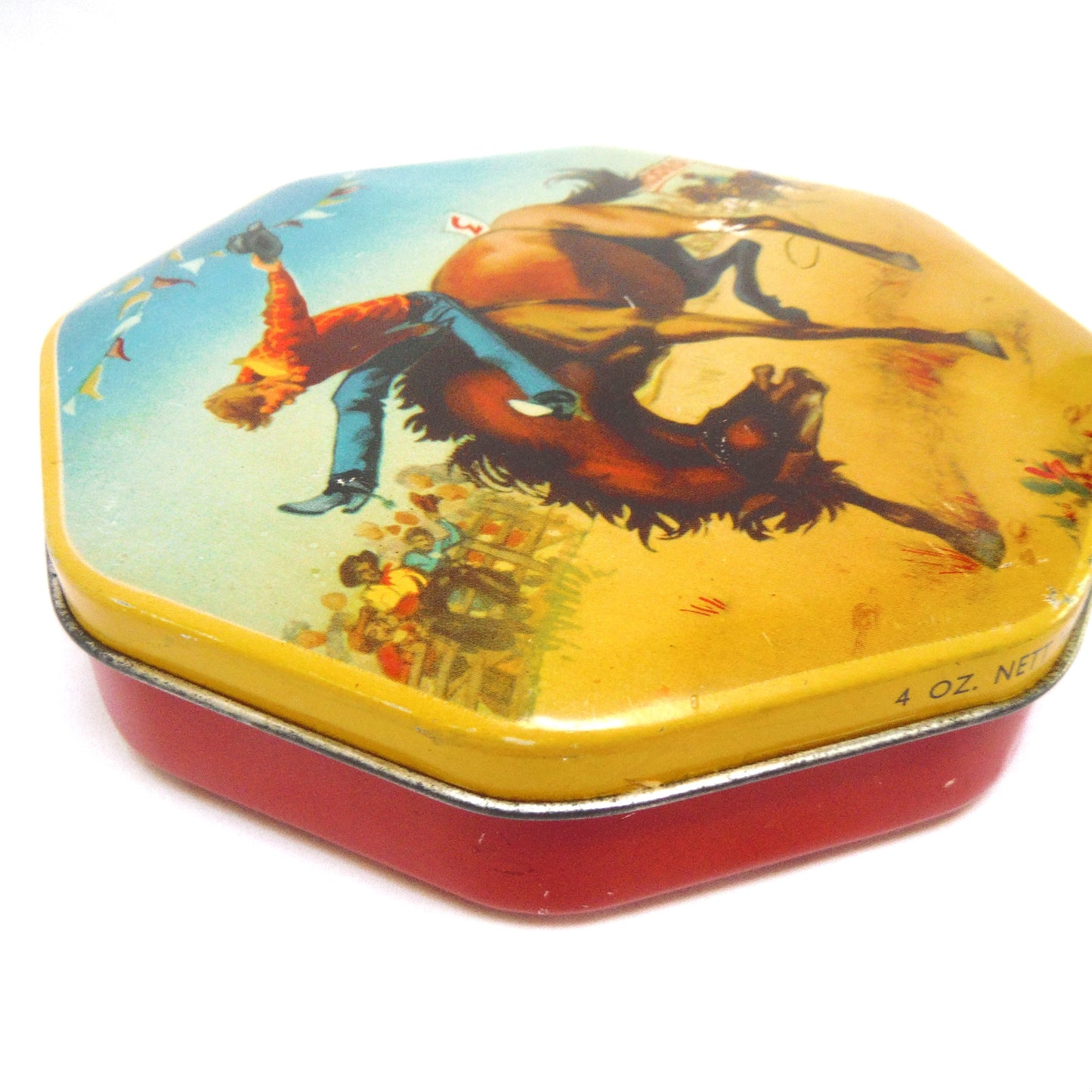 Vintage Toffee Tin by A.S. Wilkin Limited, Newcastle-Upon-Tyne: CREMONA PARK RODEO COWBOY ON HORSEBACK