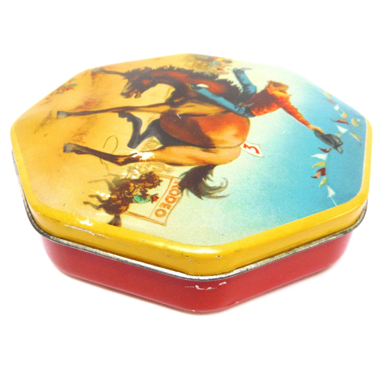 Vintage Toffee Tin by A.S. Wilkin Limited, Newcastle-Upon-Tyne: CREMONA PARK RODEO COWBOY ON HORSEBACK