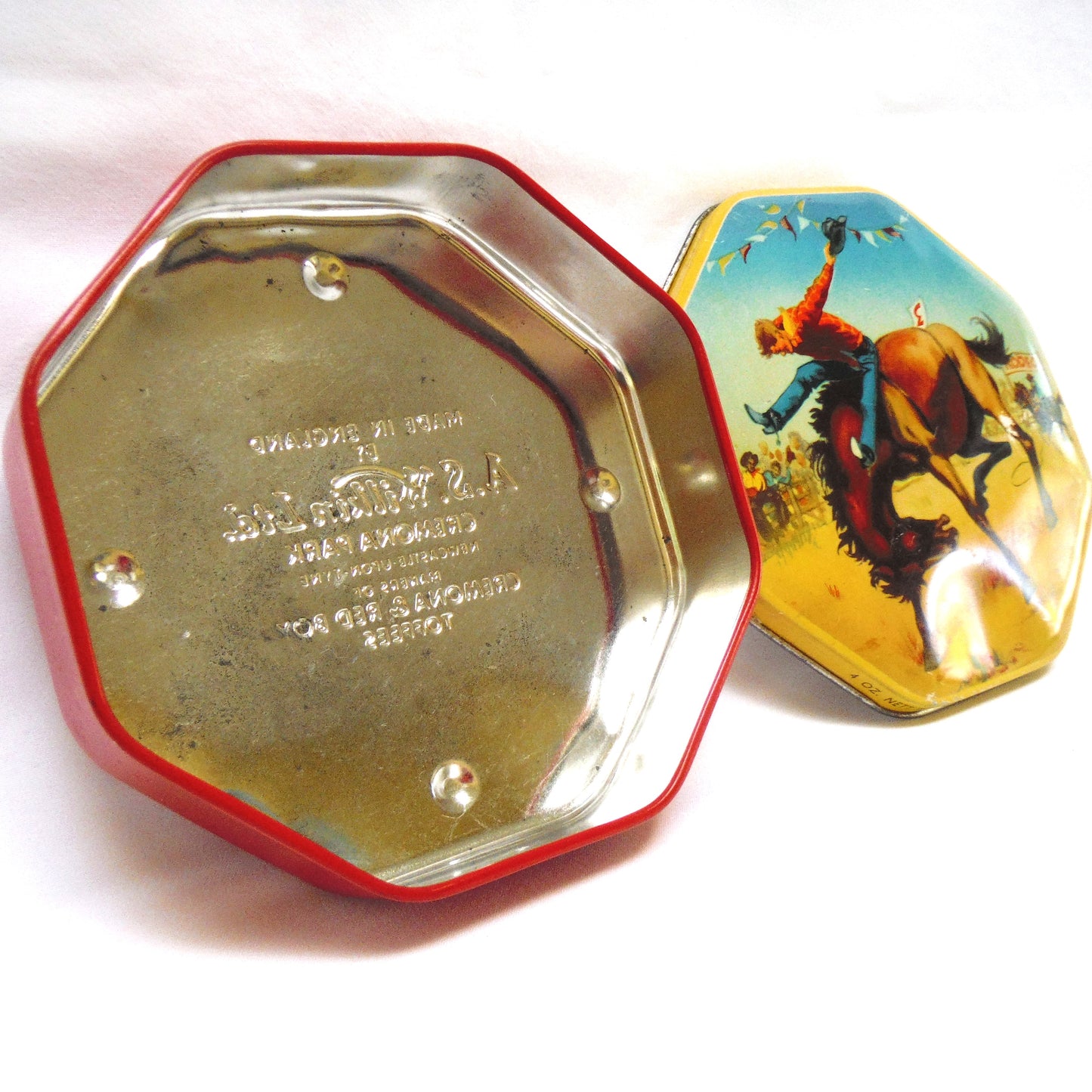 Vintage Toffee Tin by A.S. Wilkin Limited, Newcastle-Upon-Tyne: CREMONA PARK RODEO COWBOY ON HORSEBACK