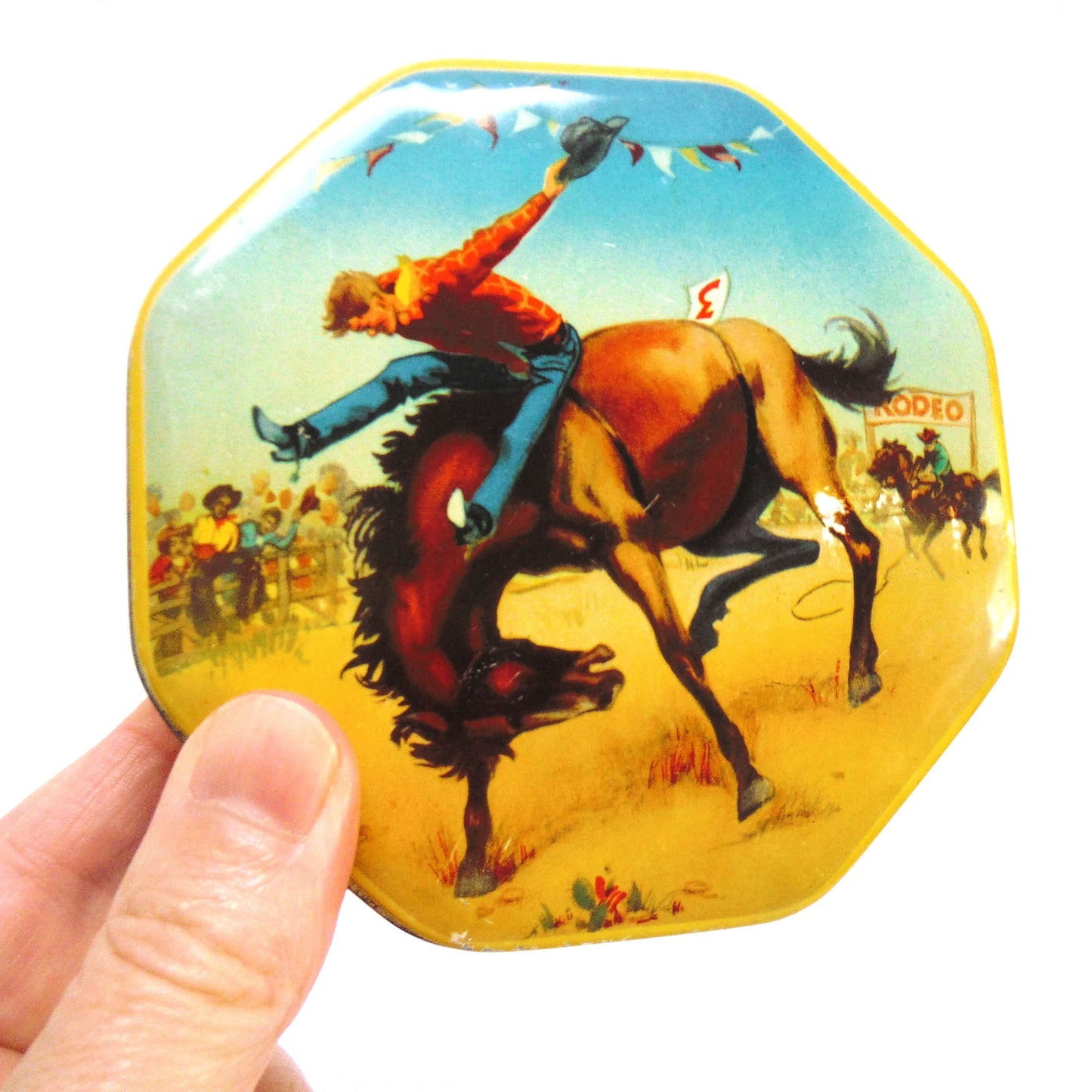 Vintage Toffee Tin by A.S. Wilkin Limited, Newcastle-Upon-Tyne: CREMONA PARK RODEO COWBOY ON HORSEBACK