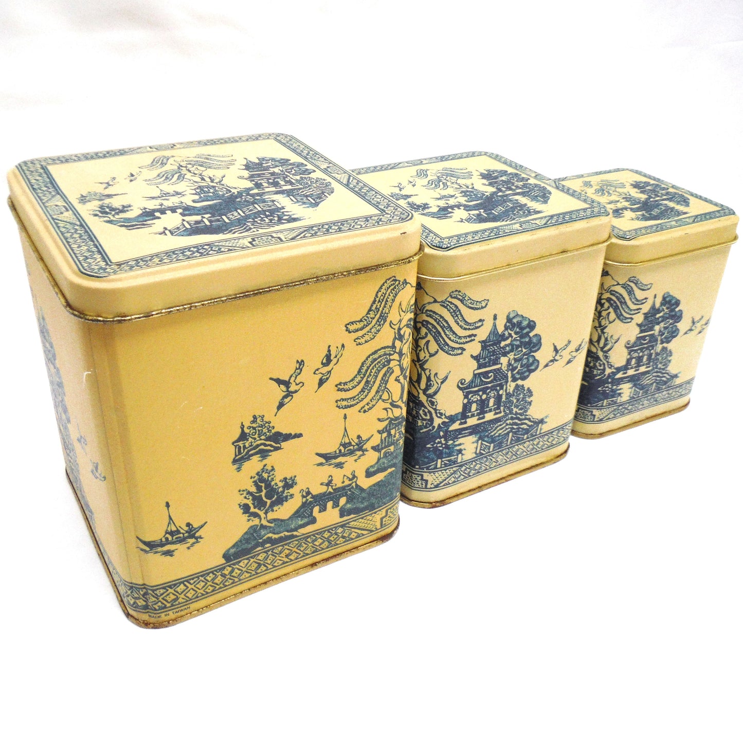 Vintage Set of 3 Blue on Beige Oriental-Style Nesting Coffee, Tea & Sugar Tins, Made in Taiwan