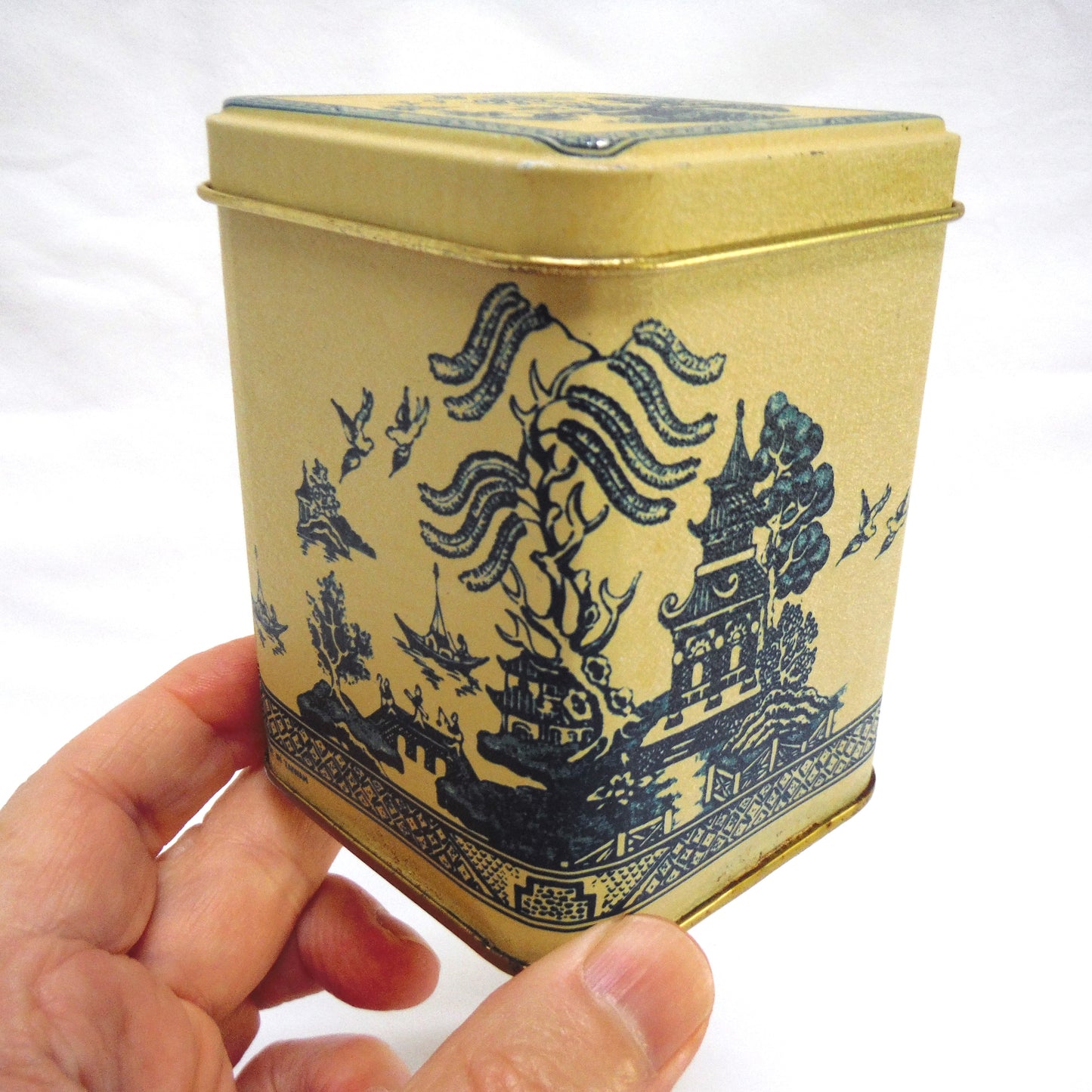Vintage Set of 3 Blue on Beige Oriental-Style Nesting Coffee, Tea & Sugar Tins, Made in Taiwan