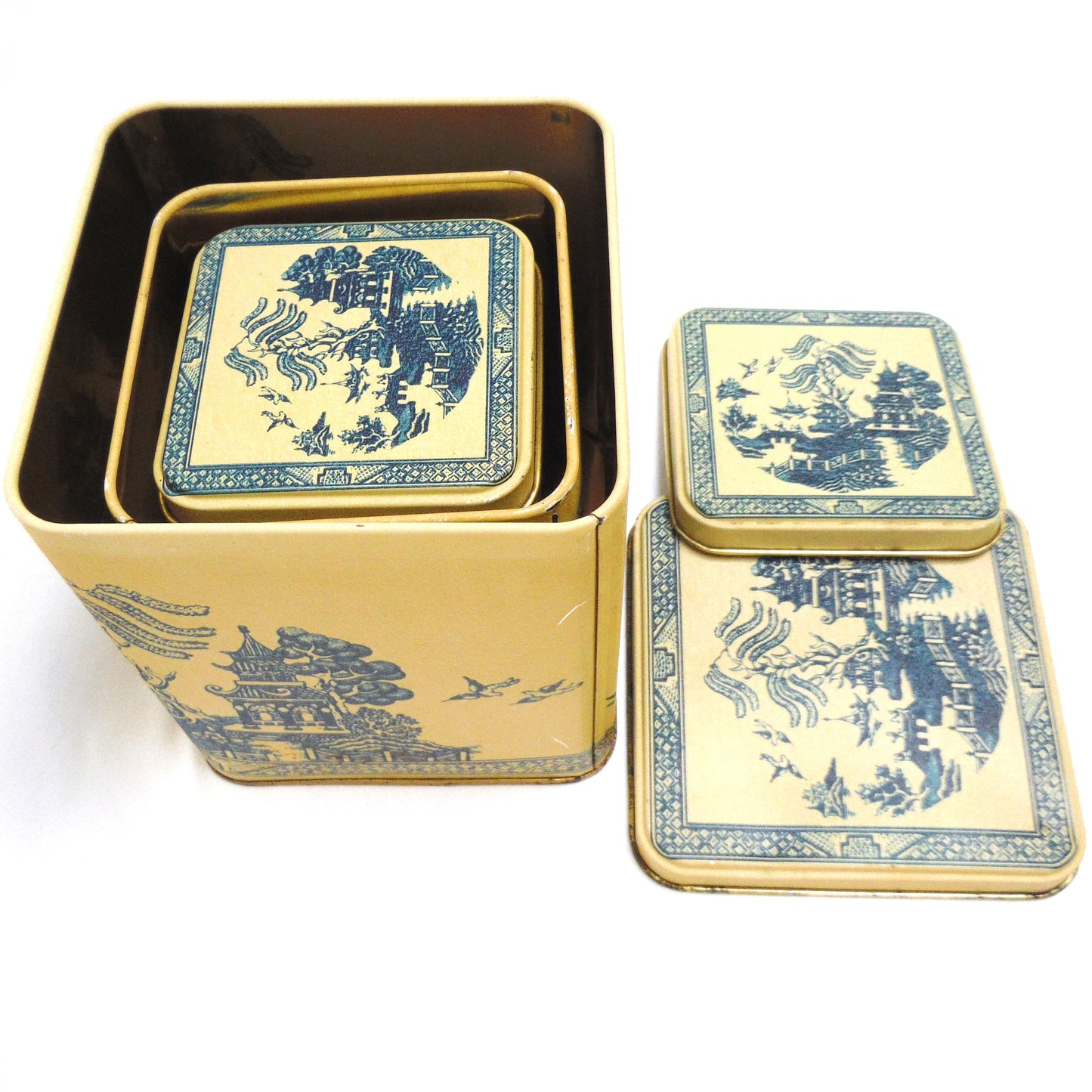 Vintage Set of 3 Blue on Beige Oriental-Style Nesting Coffee, Tea & Sugar Tins, Made in Taiwan