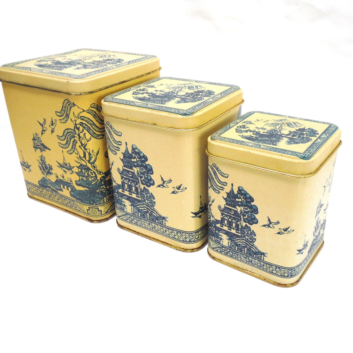 Vintage Set of 3 Blue on Beige Oriental-Style Nesting Coffee, Tea & Sugar Tins, Made in Taiwan