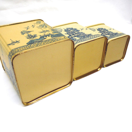 Vintage Set of 3 Blue on Beige Oriental-Style Nesting Coffee, Tea & Sugar Tins, Made in Taiwan