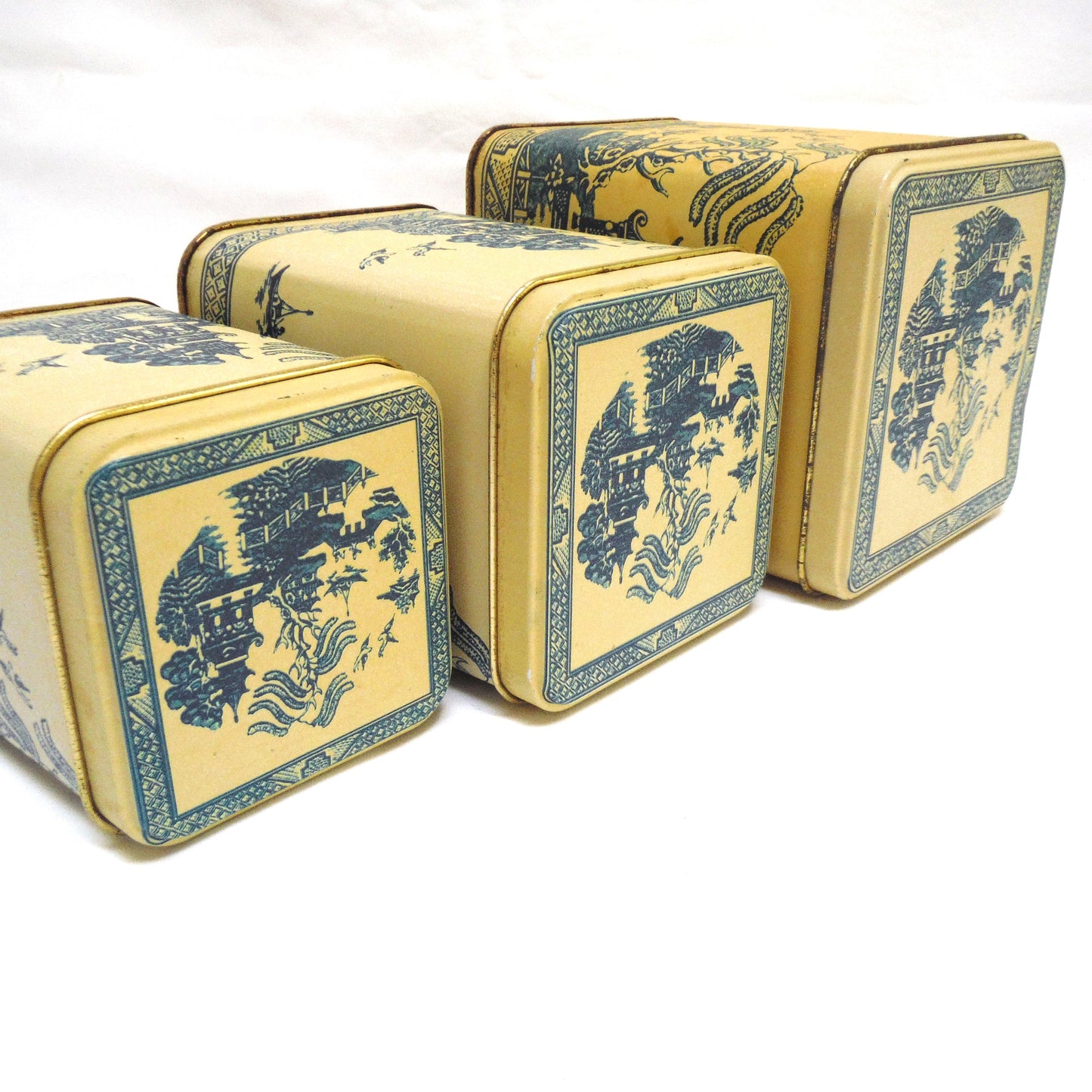 Vintage Set of 3 Blue on Beige Oriental-Style Nesting Coffee, Tea & Sugar Tins, Made in Taiwan