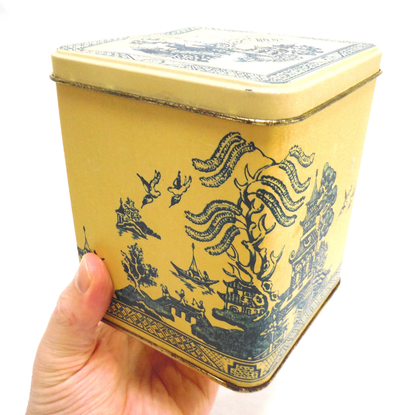 Vintage Set of 3 Blue on Beige Oriental-Style Nesting Coffee, Tea & Sugar Tins, Made in Taiwan