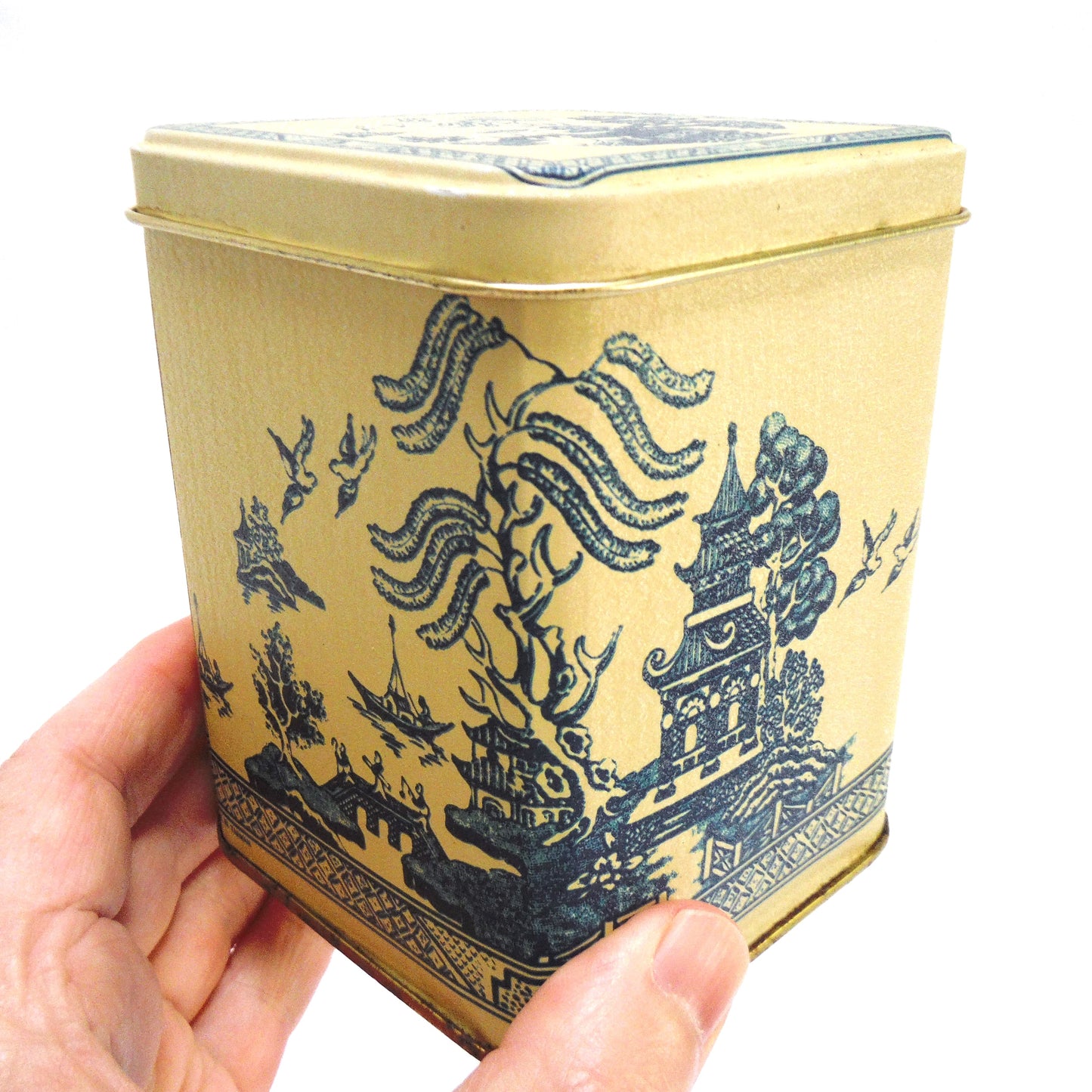 Vintage Set of 3 Blue on Beige Oriental-Style Nesting Coffee, Tea & Sugar Tins, Made in Taiwan