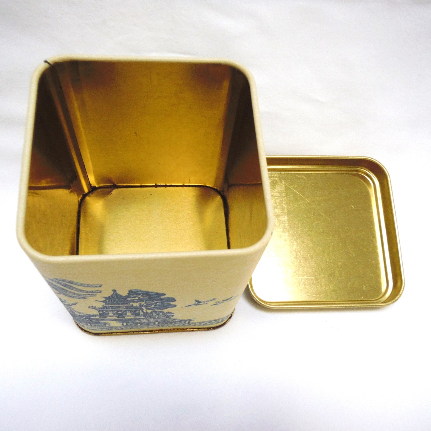 Vintage Set of 3 Blue on Beige Oriental-Style Nesting Coffee, Tea & Sugar Tins, Made in Taiwan