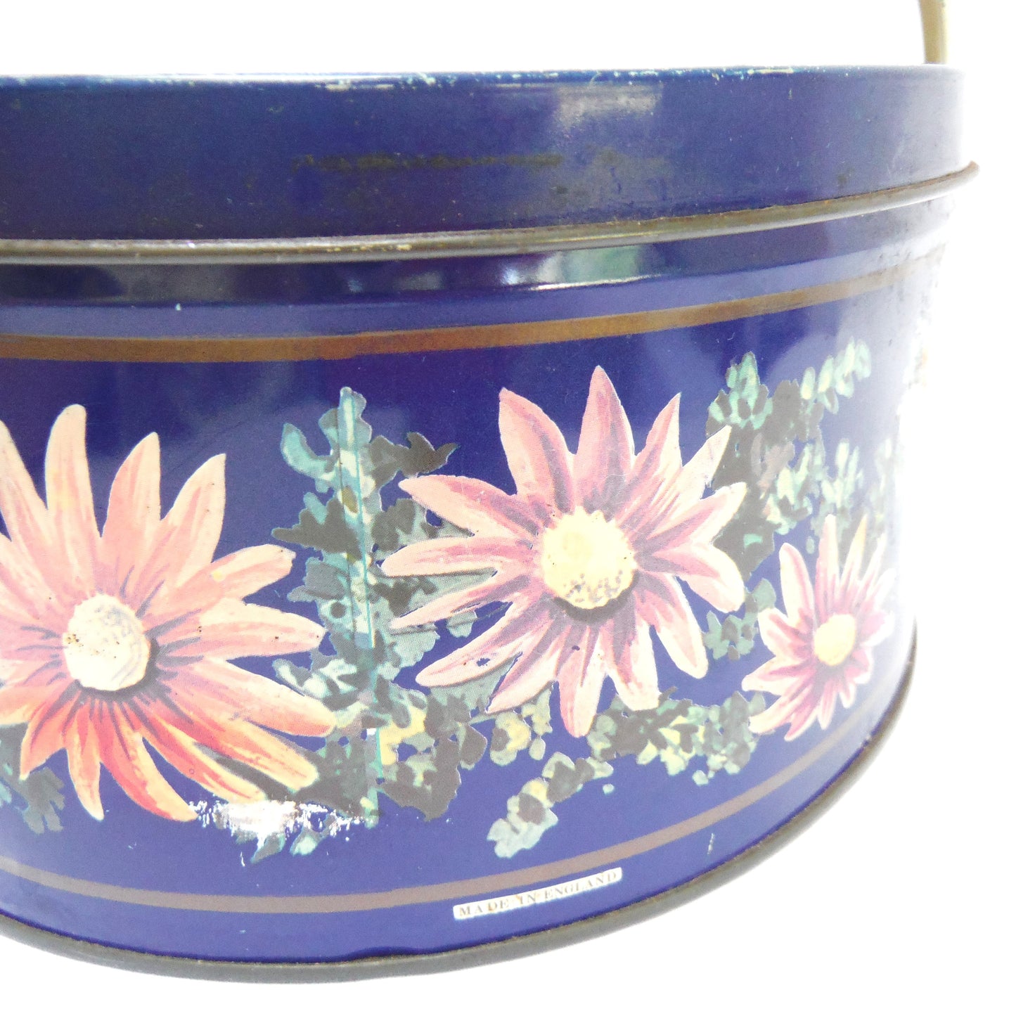 Antique Tin by Huntley & Palmers: 'BLUE DAISIES' Oval Basket with Dual Basket-Style Handles