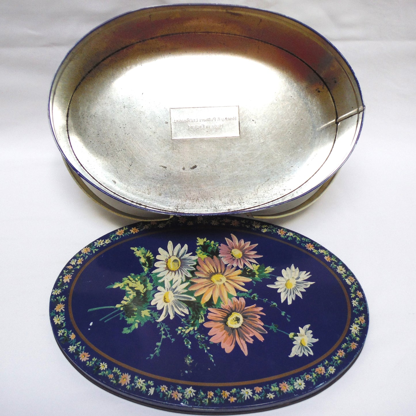 Antique Tin by Huntley & Palmers: 'BLUE DAISIES' Oval Basket with Dual Basket-Style Handles