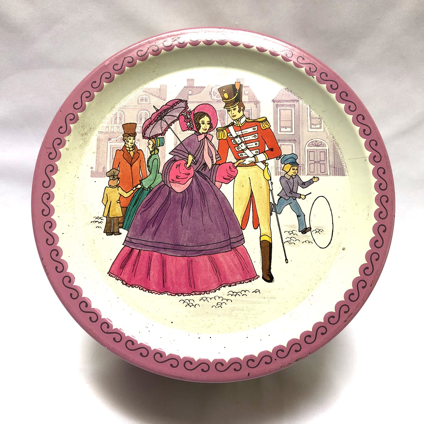 Vintage Quality Street Round Candy Tin by Mackintosh: 'AN OFFICER AND HIS VICTORIAN LADY'