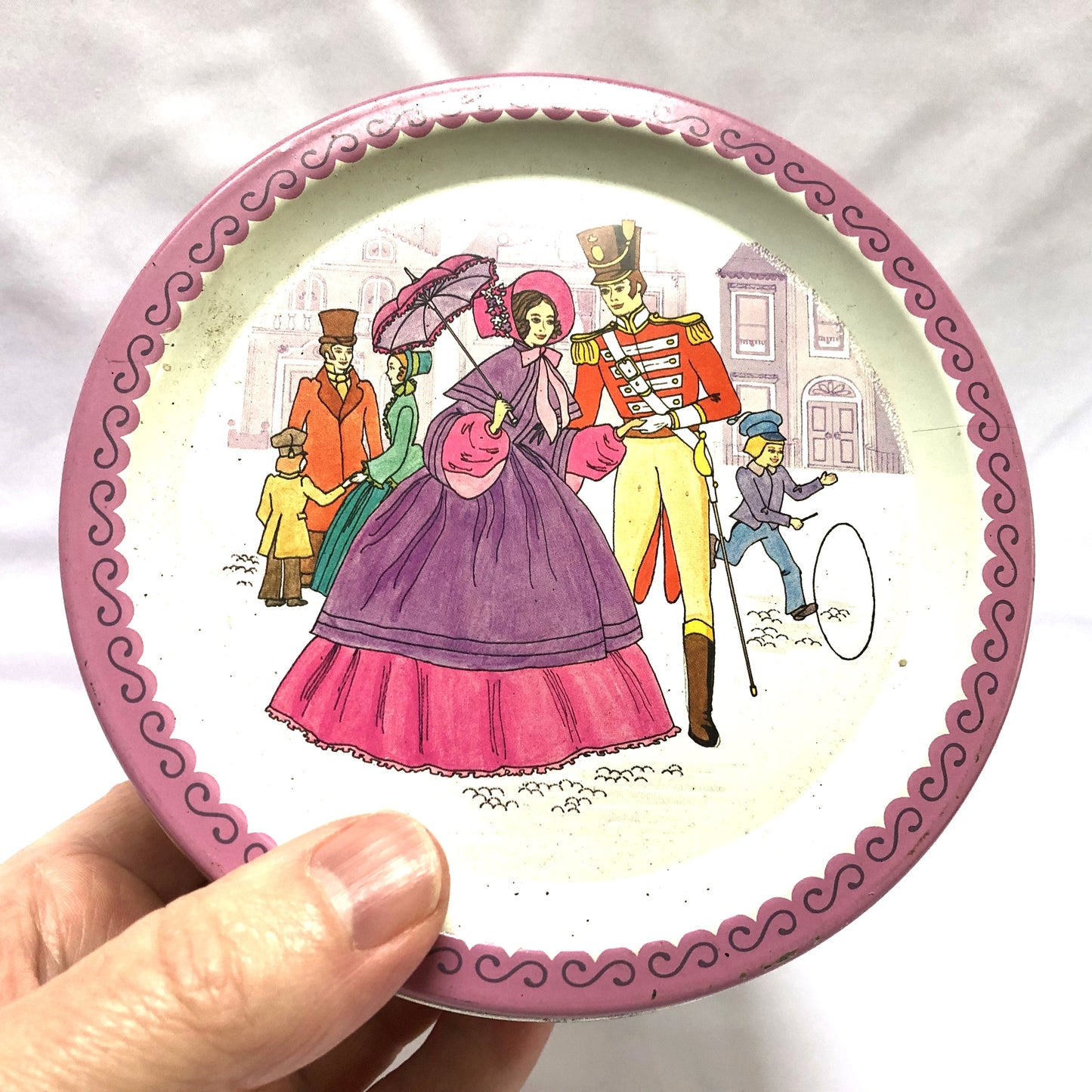 Vintage Quality Street Round Candy Tin by Mackintosh: 'AN OFFICER AND HIS VICTORIAN LADY'