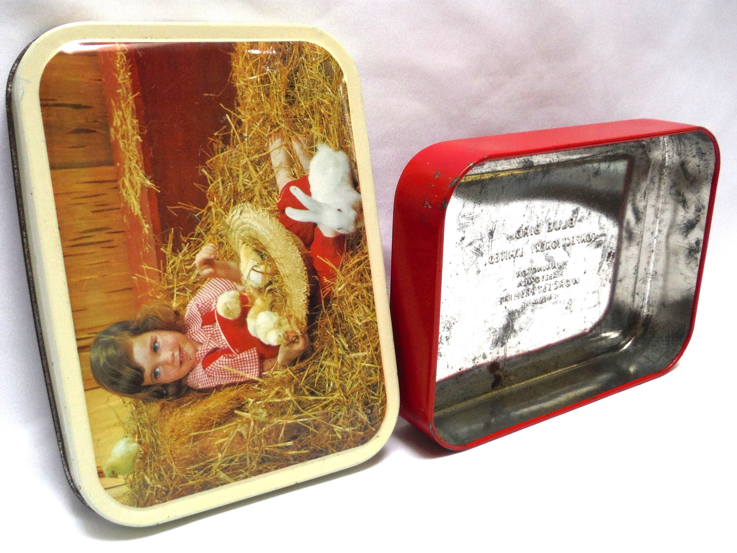 Antique Pocket Tin by Blue Bird Confectionery Limited: 'EASTER GIRL, CHICKS & ONE-RABBIT'