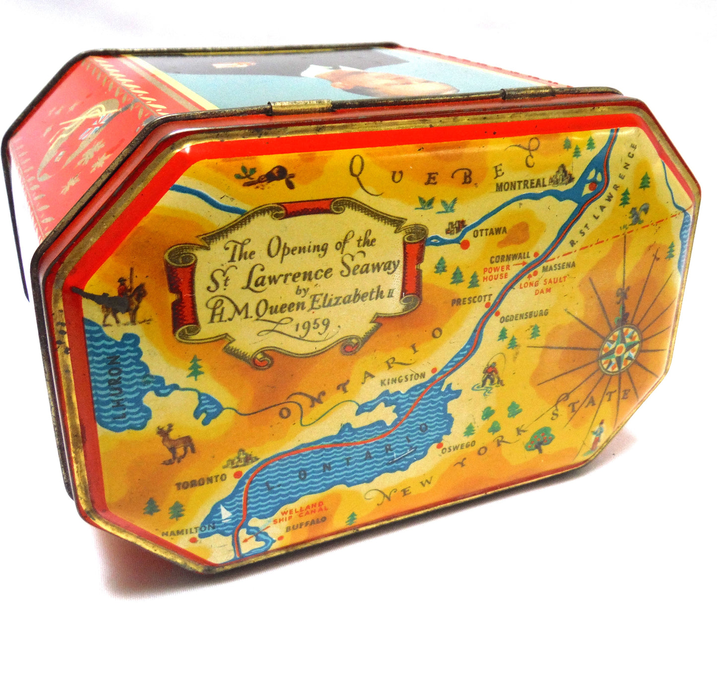 Queen Elizabeth II & Prince Phillip 1959 Vintage Tin of the St. Lawrence Seaway Opening featuring The American Flag!