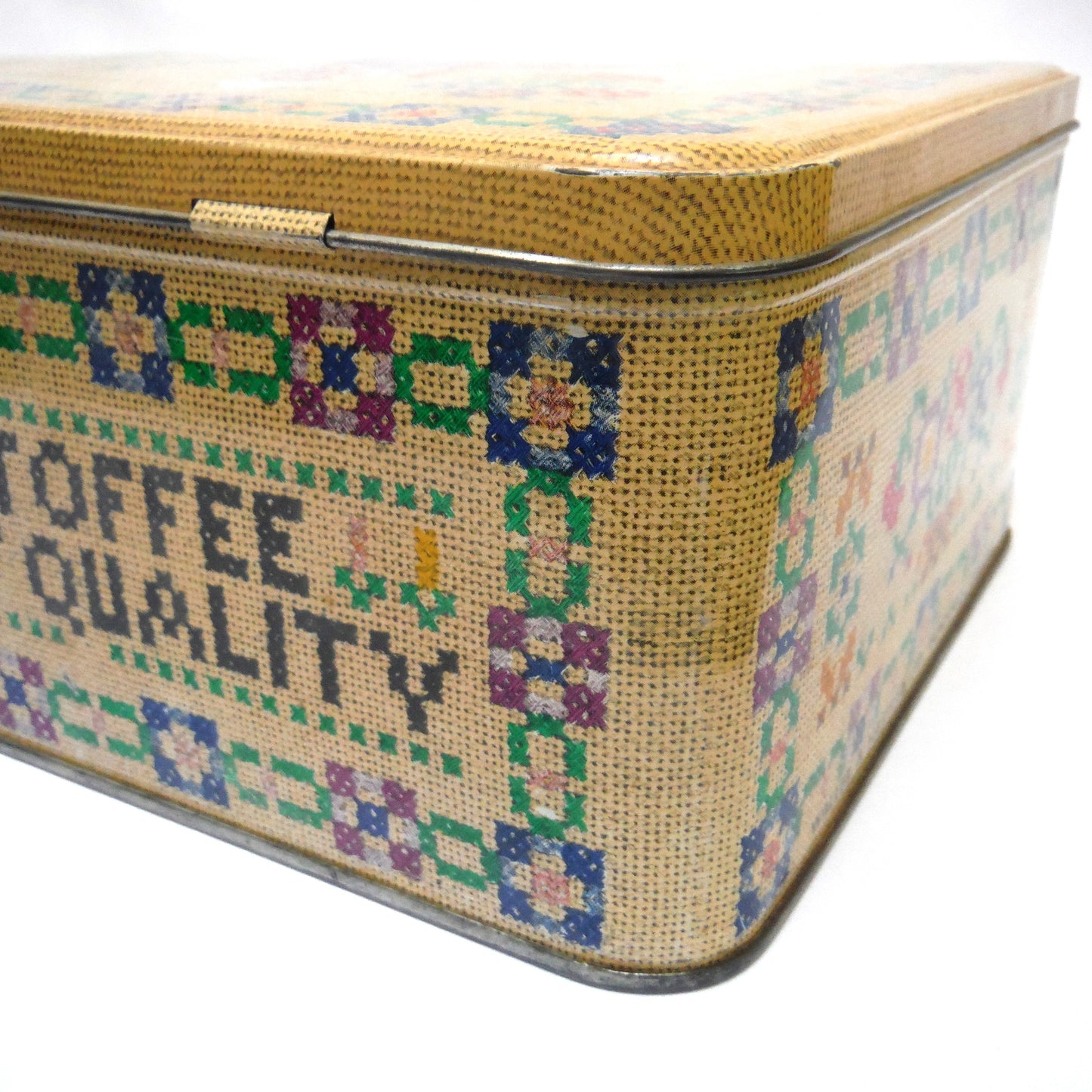 Large Needlepoint-Style Vintage Tin with Hinged Lid, by MILADY; The Toffee of Quality