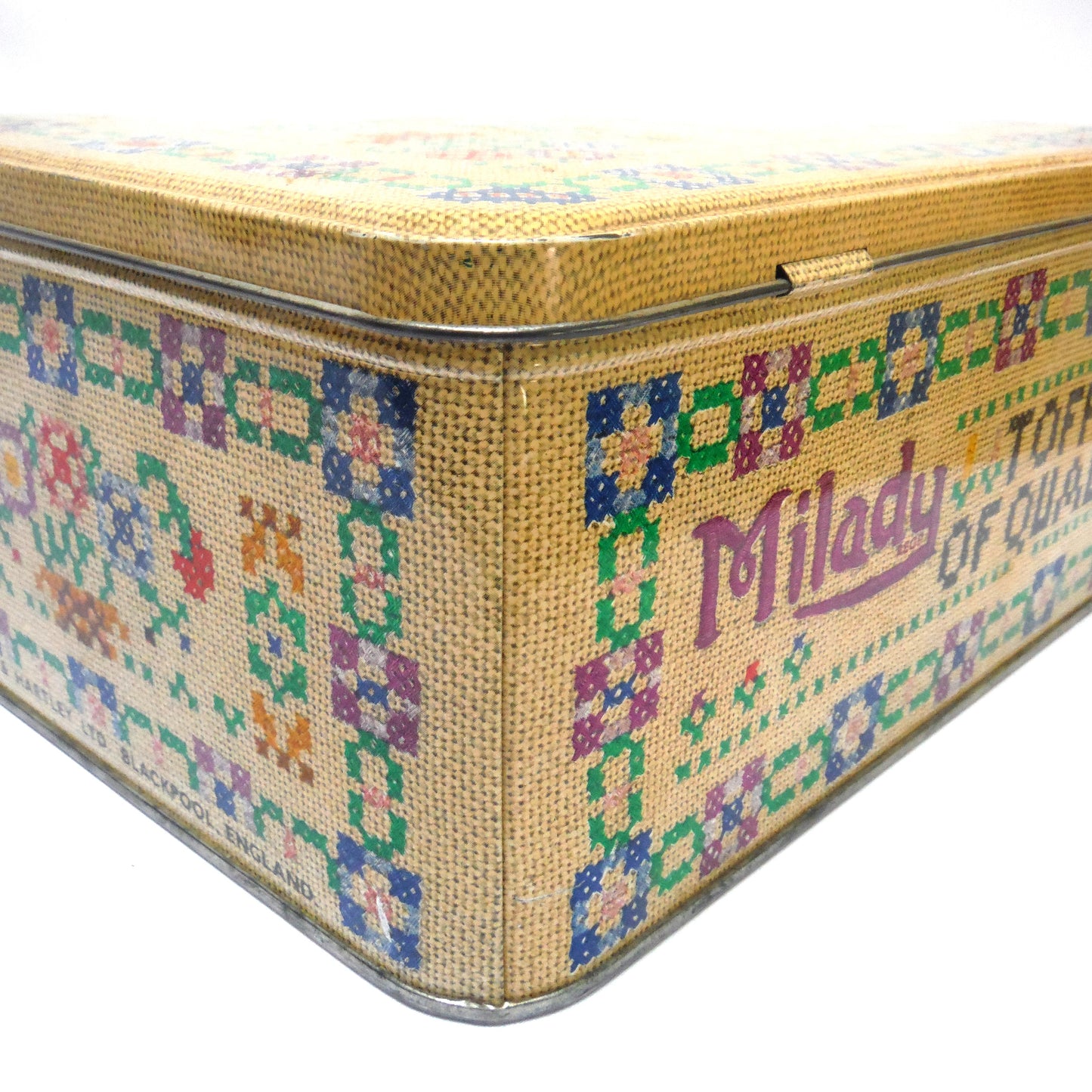 Large Needlepoint-Style Vintage Tin with Hinged Lid, by MILADY; The Toffee of Quality