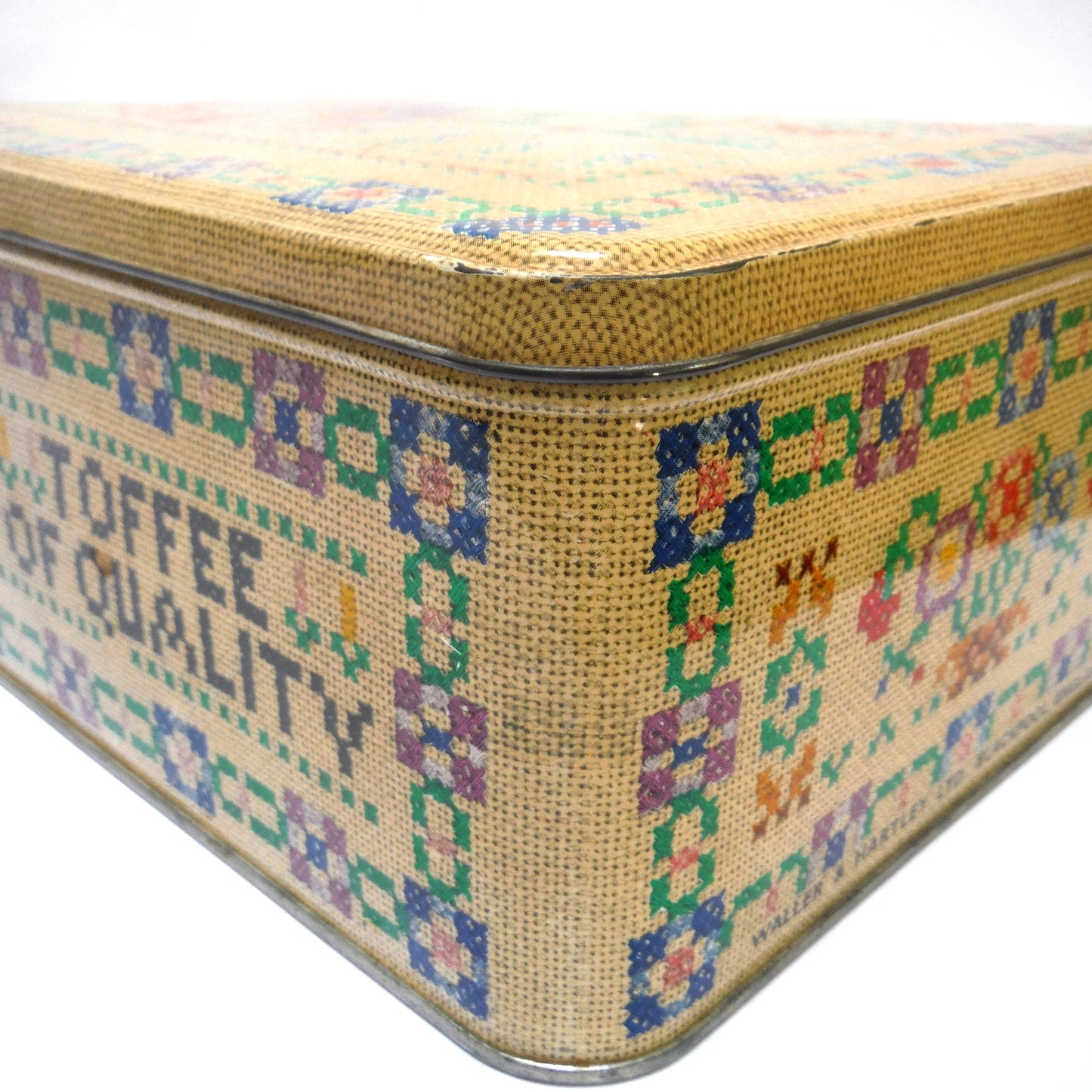 Large Needlepoint-Style Vintage Tin with Hinged Lid, by MILADY; The Toffee of Quality