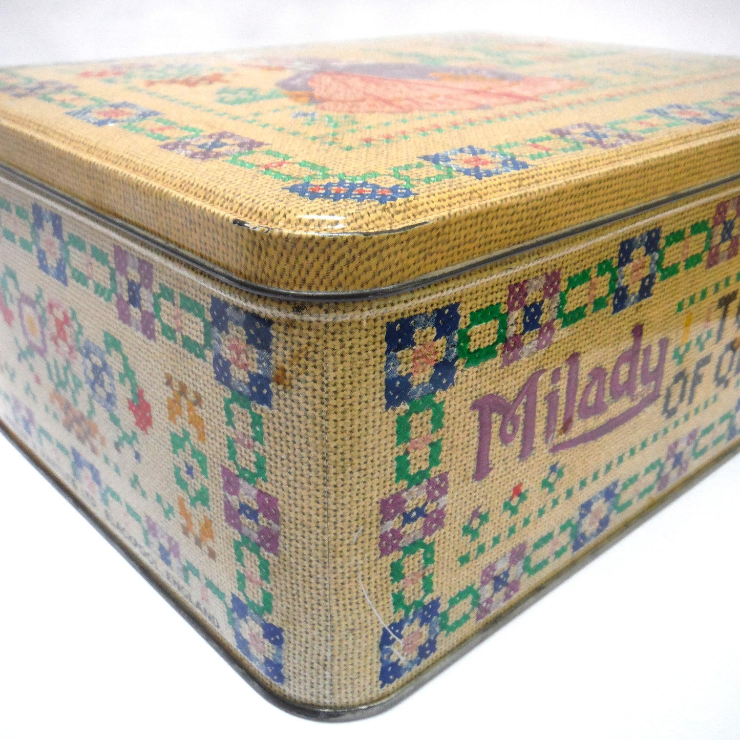 Large Needlepoint-Style Vintage Tin with Hinged Lid, by MILADY; The Toffee of Quality