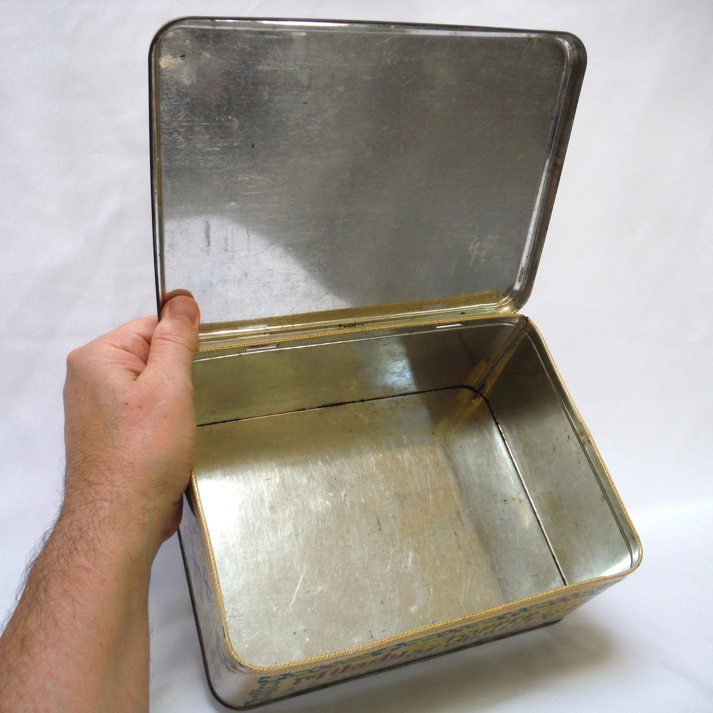 Large Needlepoint-Style Vintage Tin with Hinged Lid, by MILADY; The Toffee of Quality