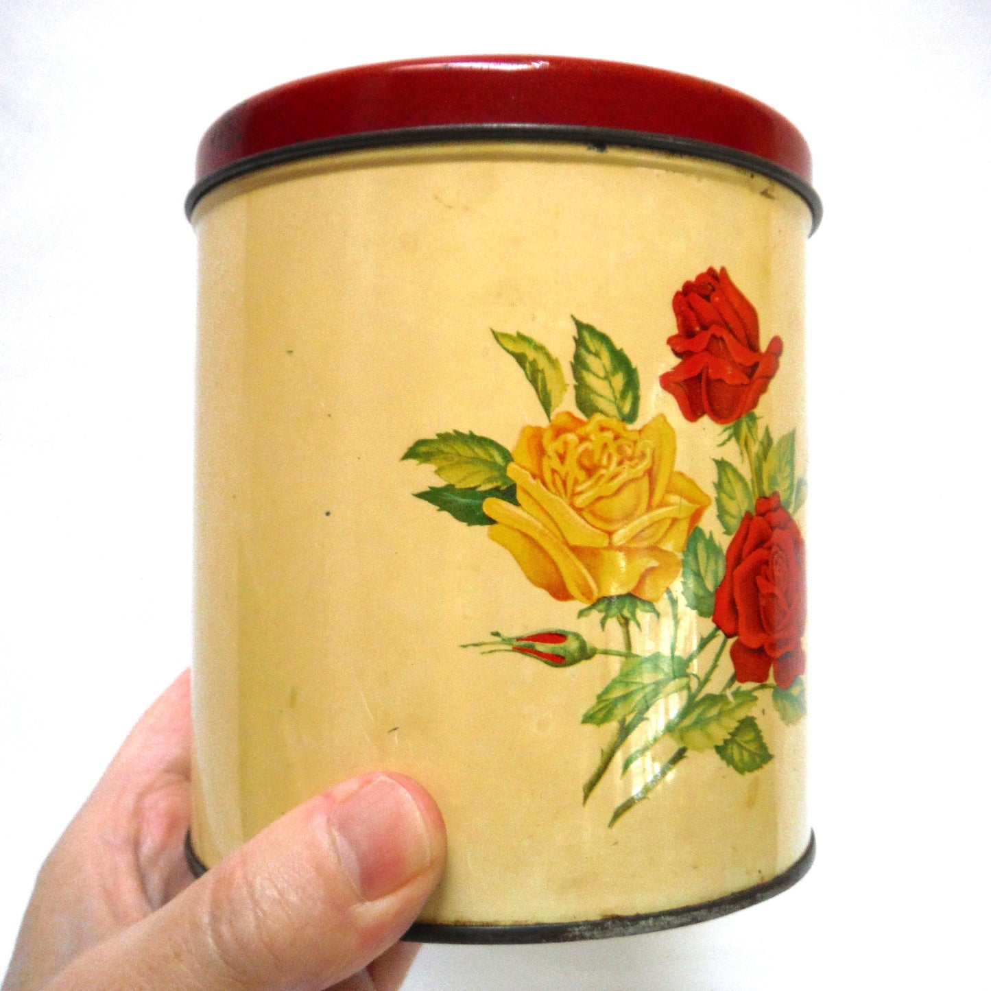 Vintage 1952 Tea Caddy by G.S.W. Metal Company: 'Red and Yellow Roses'