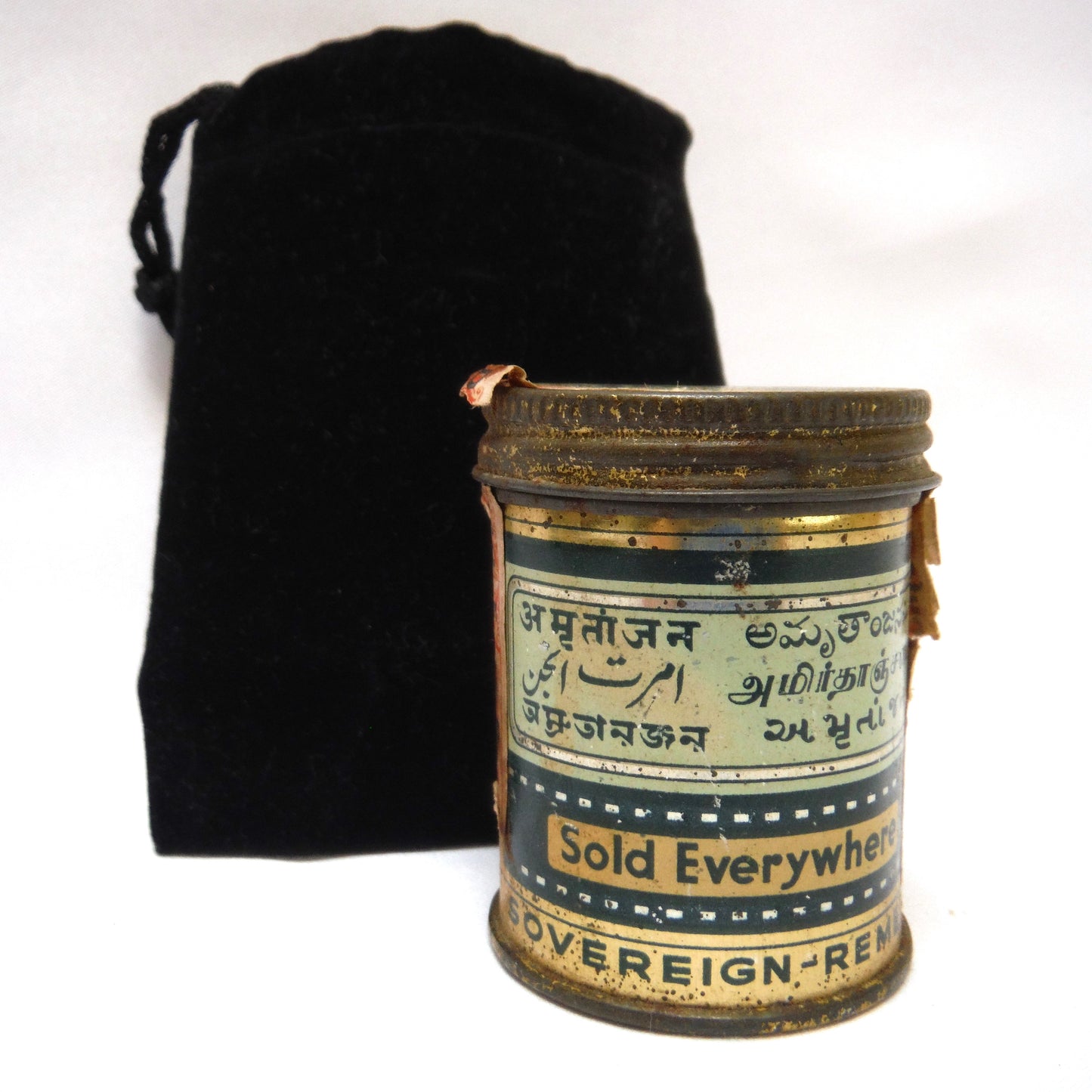 Antique RARE WWII Tin and Glass Container: AMRUTANJAN BEST INDIAN PAIN BALM