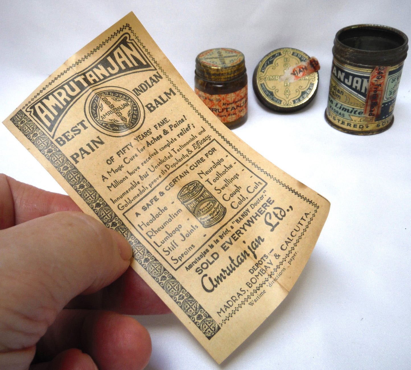 Antique RARE WWII Tin and Glass Container: AMRUTANJAN BEST INDIAN PAIN BALM