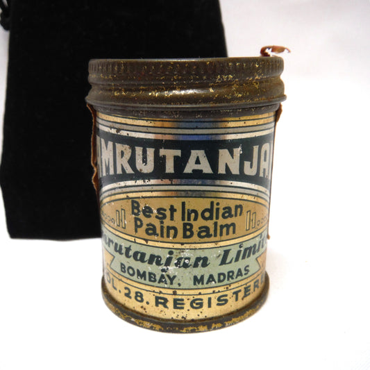 Antique RARE WWII Tin and Glass Container: AMRUTANJAN BEST INDIAN PAIN BALM