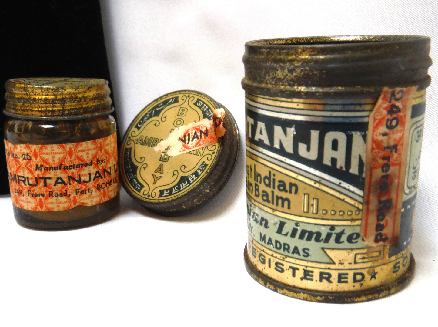 Antique RARE WWII Tin and Glass Container: AMRUTANJAN BEST INDIAN PAIN BALM