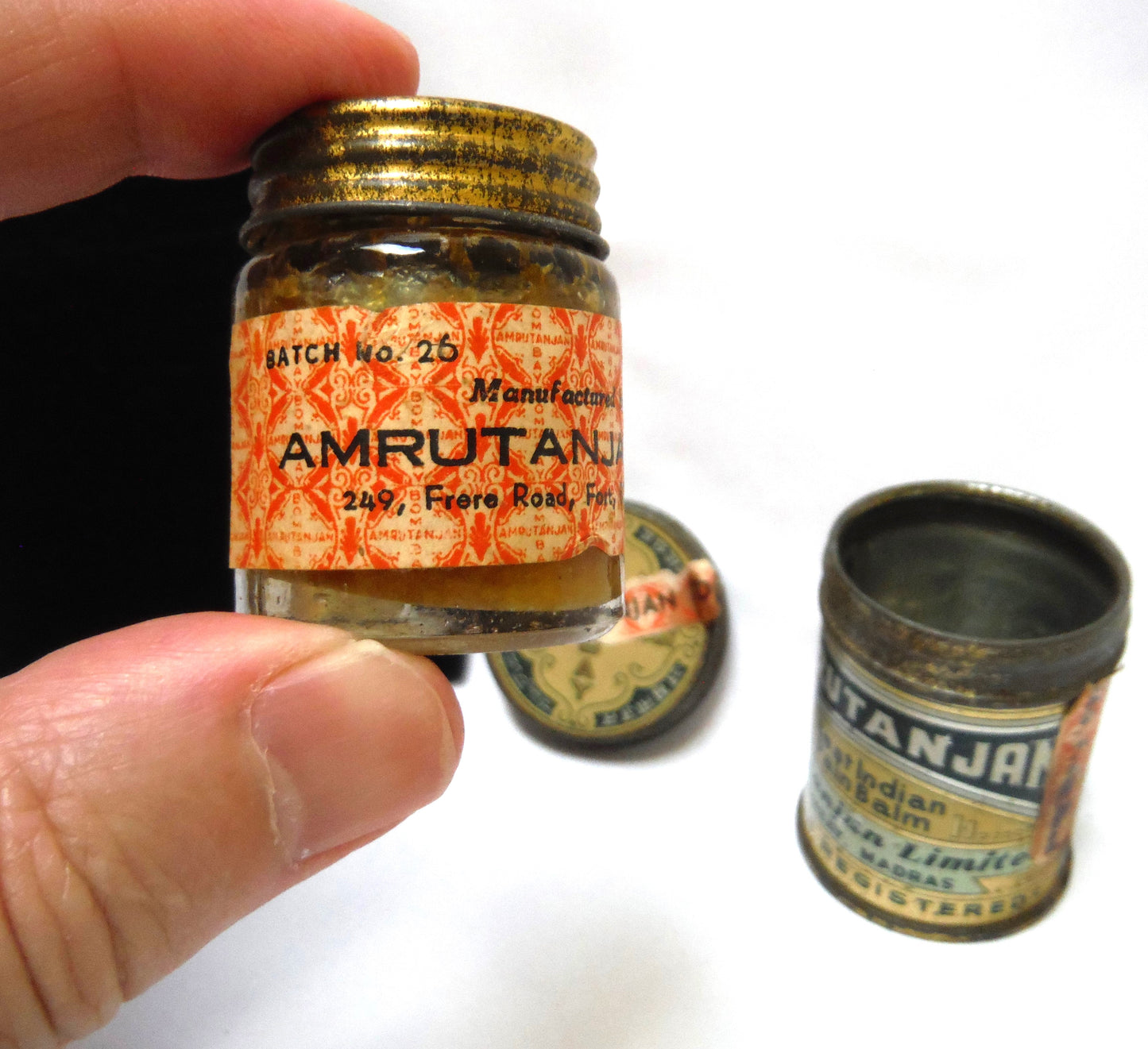 Antique RARE WWII Tin and Glass Container: AMRUTANJAN BEST INDIAN PAIN BALM