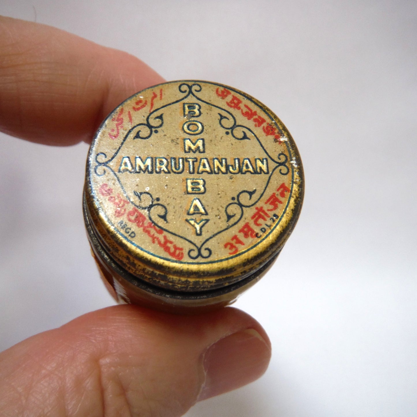 Antique RARE WWII Tin and Glass Container: AMRUTANJAN BEST INDIAN PAIN BALM