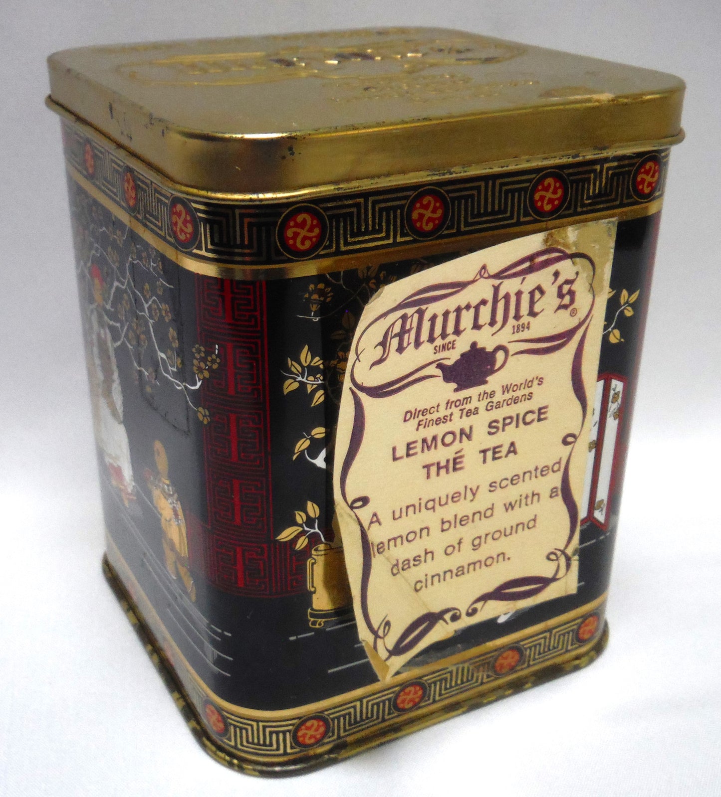 MURCHIE'S CANADIAN VINTAGE TEA CADDY TIN, with Gold-Coloured Hinged Lid: 'The Lemon Spice Oriental Emperor'