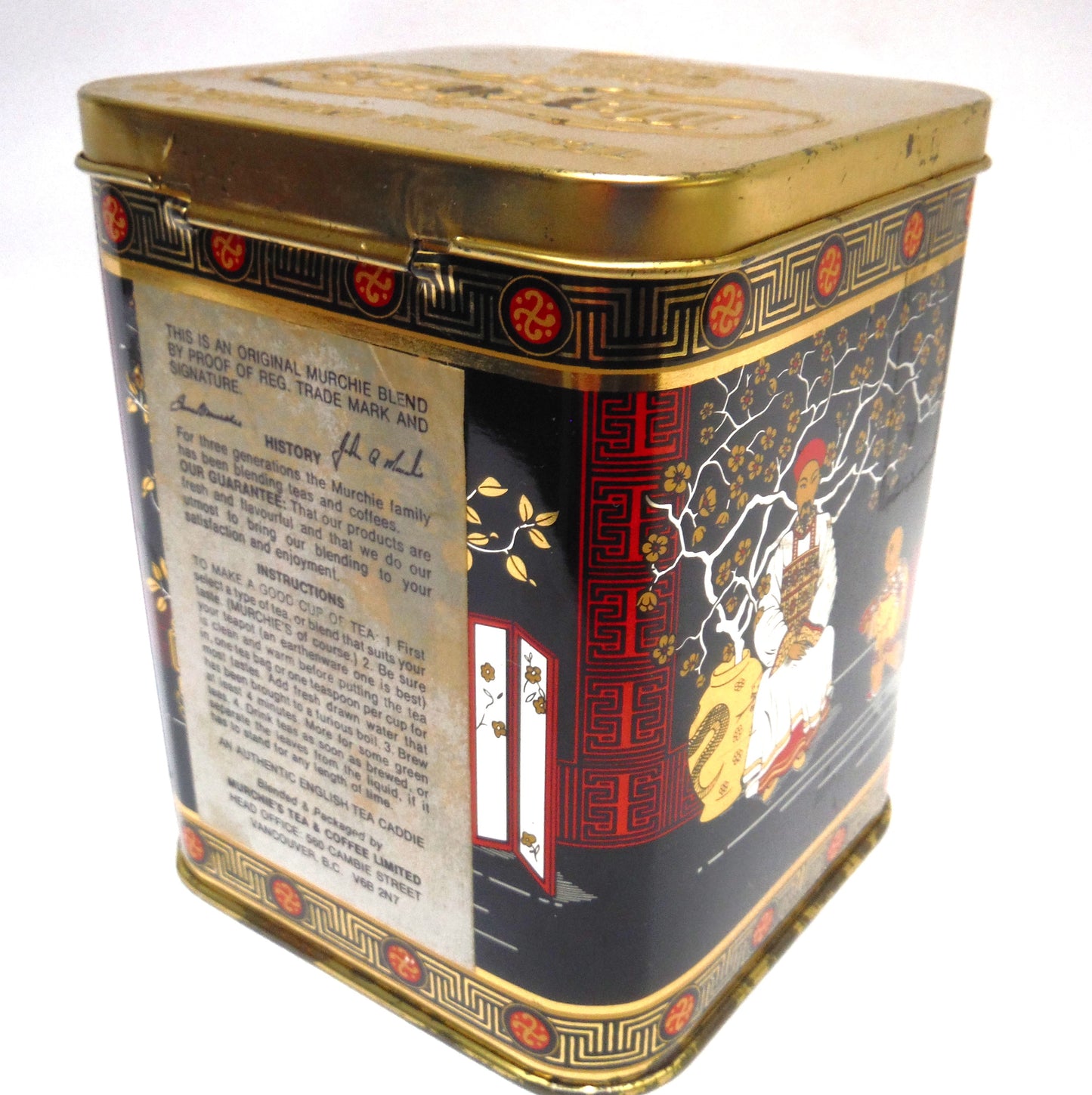 MURCHIE'S CANADIAN VINTAGE TEA CADDY TIN, with Gold-Coloured Hinged Lid: 'The Lemon Spice Oriental Emperor'