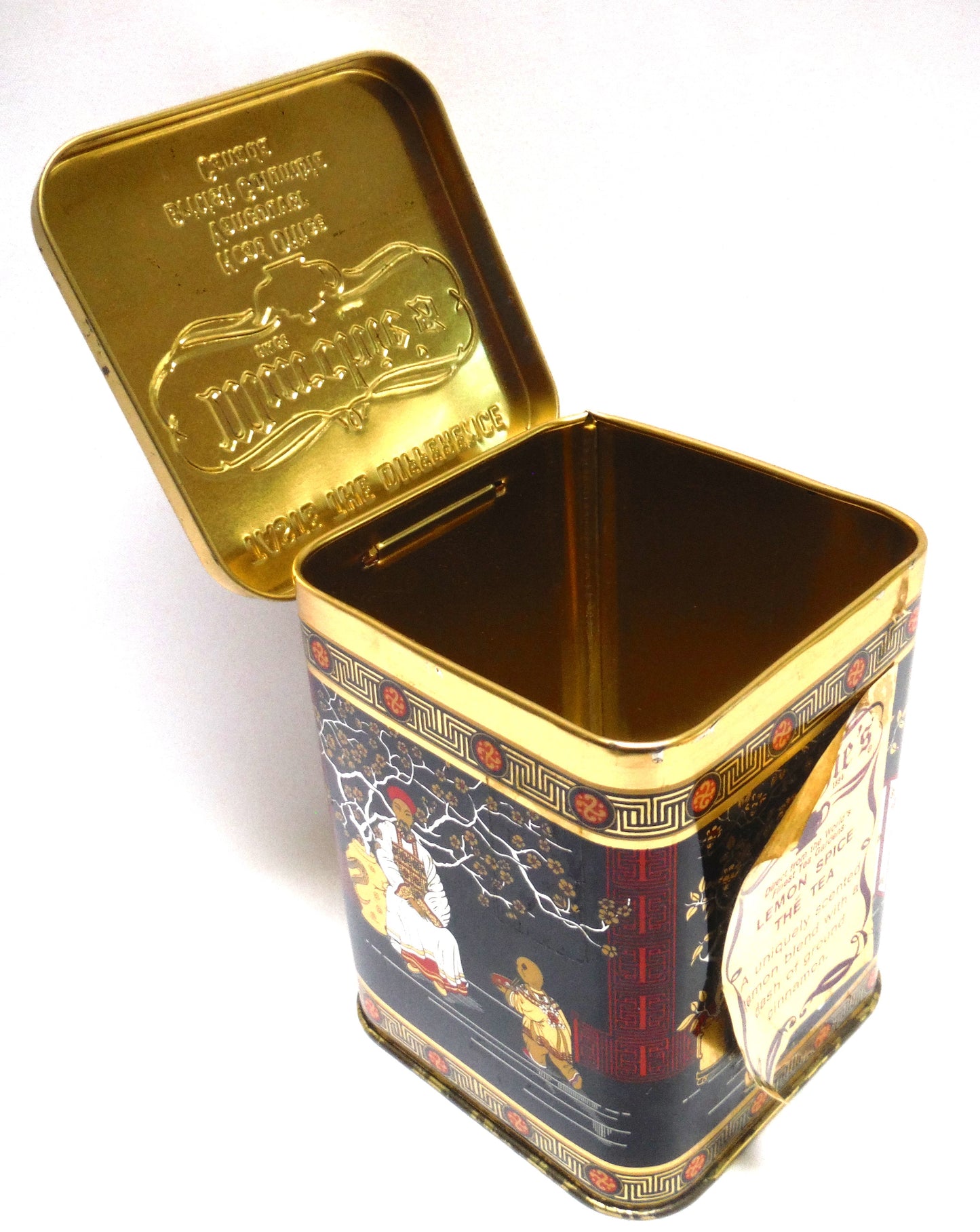 MURCHIE'S CANADIAN VINTAGE TEA CADDY TIN, with Gold-Coloured Hinged Lid: 'The Lemon Spice Oriental Emperor'