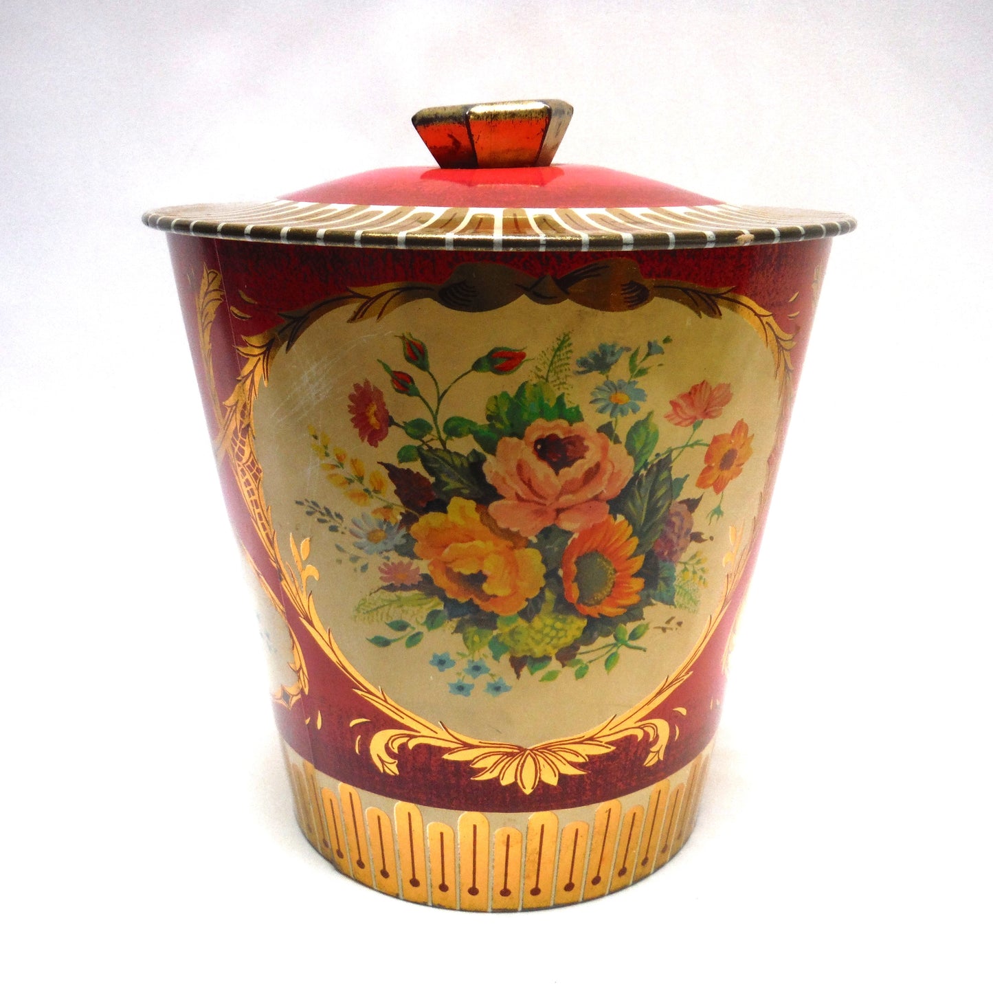 Antique Large Removable Lid FLOWERED TEA CADDY TIN CONTAINER, Made in England