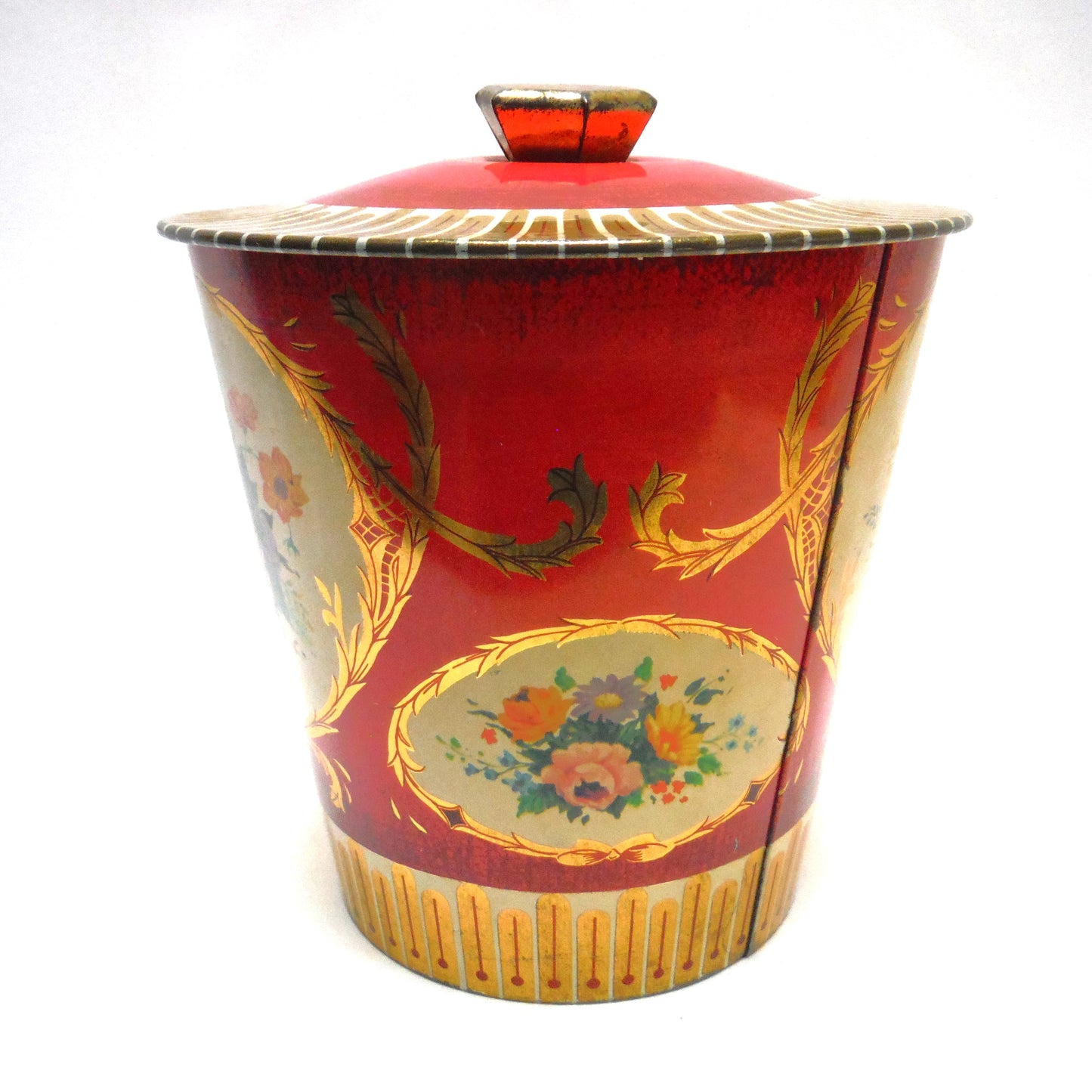 Antique Large Removable Lid FLOWERED TEA CADDY TIN CONTAINER, Made in England